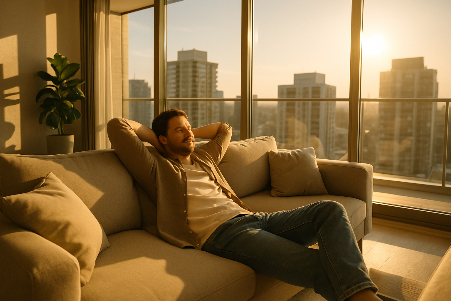 Imagen de una persona relajada y descansando acostada en el silln de su departamento exclusivo con amplios ventanales donde entra la luz del sol por l-1