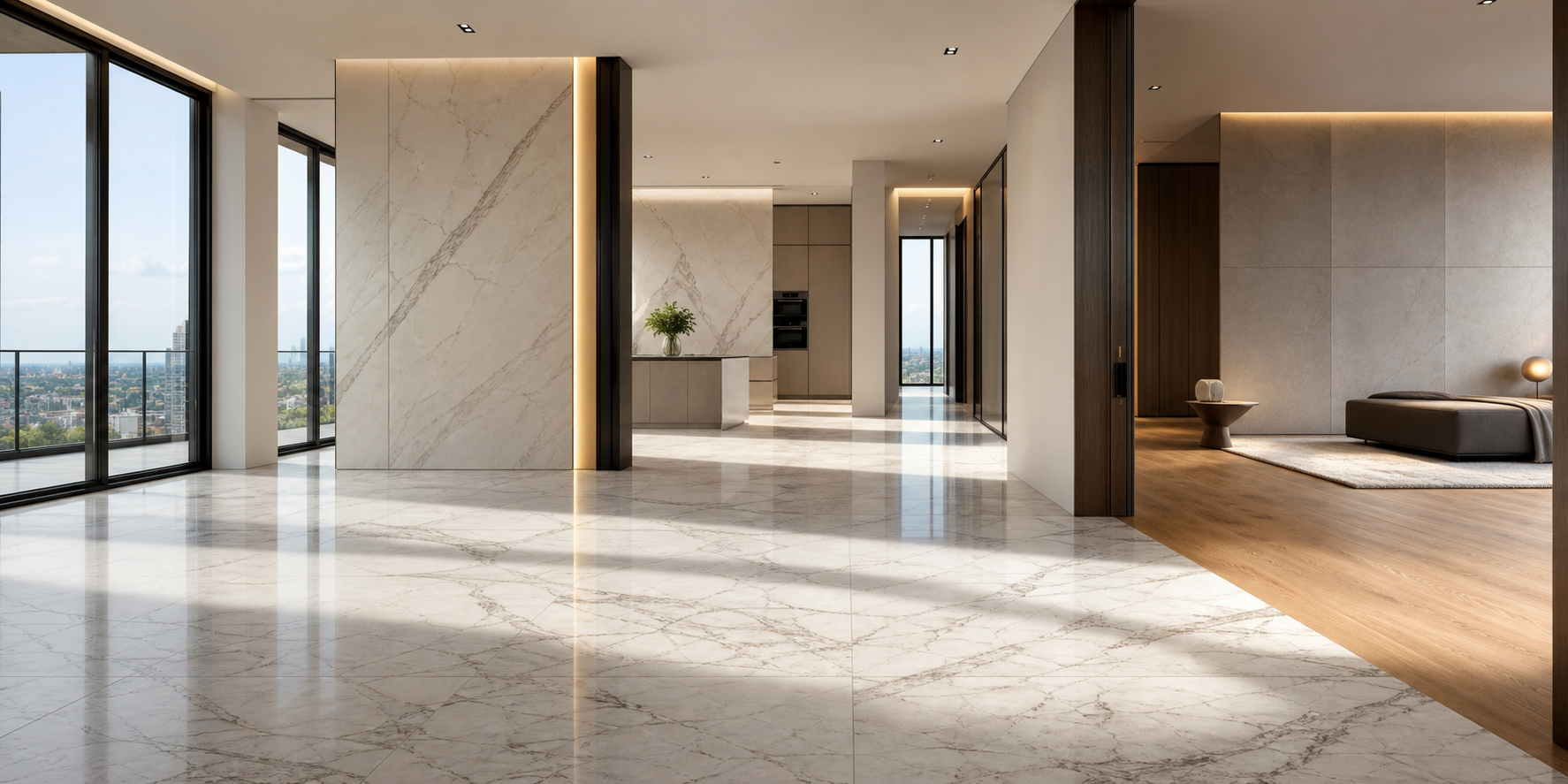 Interior de un penthouse exclusivo con enfoque en los pisos y recubrimientos de lujo. Se aprecian pisos de mármol de gran formato y madera natural.