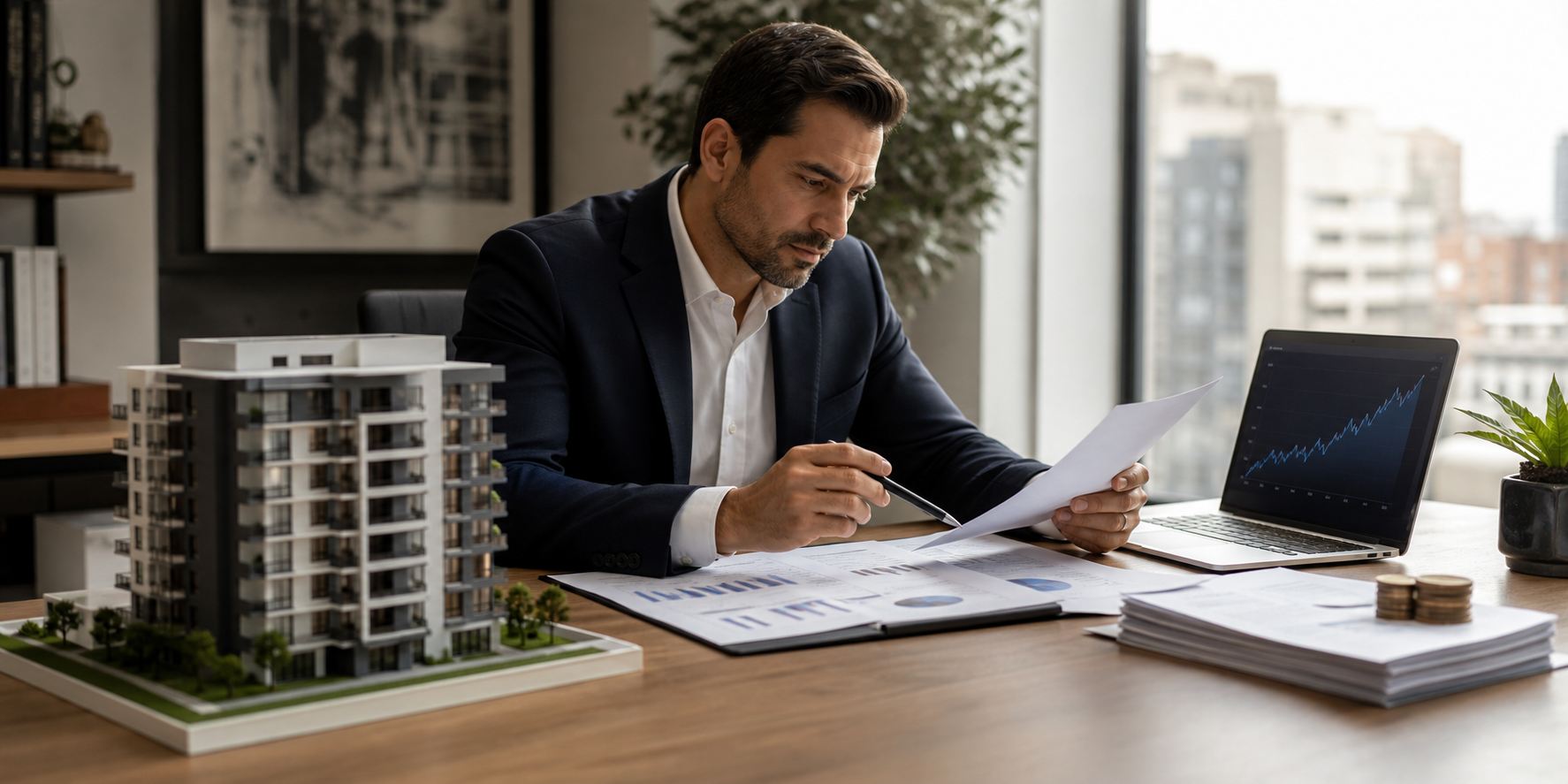 Hombre adulto analizando y comparando dos opciones de inversión: comprar un departamento o invertir en CETES.