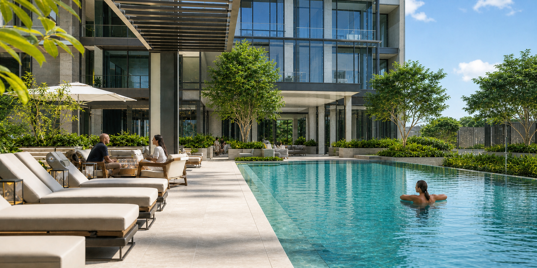  Alberca exclusiva dentro de un edificio de departamentos de lujo. Piscina de diseño infinito rodeada de camastros premium, sombrillas elegantes y áreas lounge.