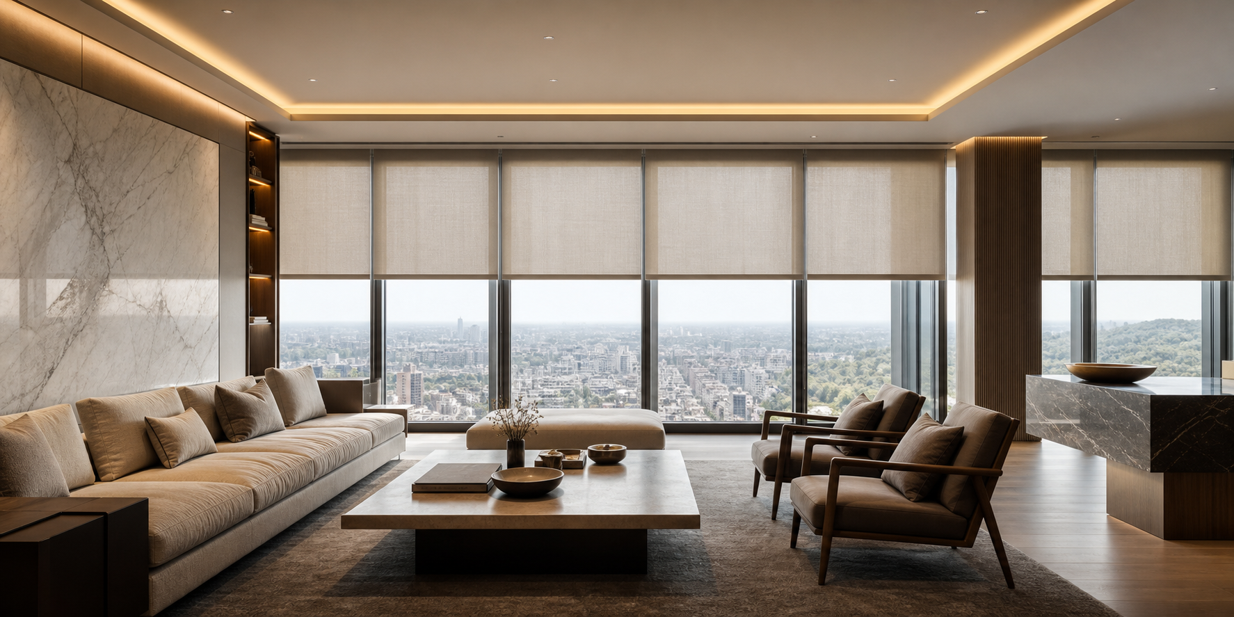 Luxury Apartment Interior with FloortoCeiling Windows and Elegant Motorized Blin