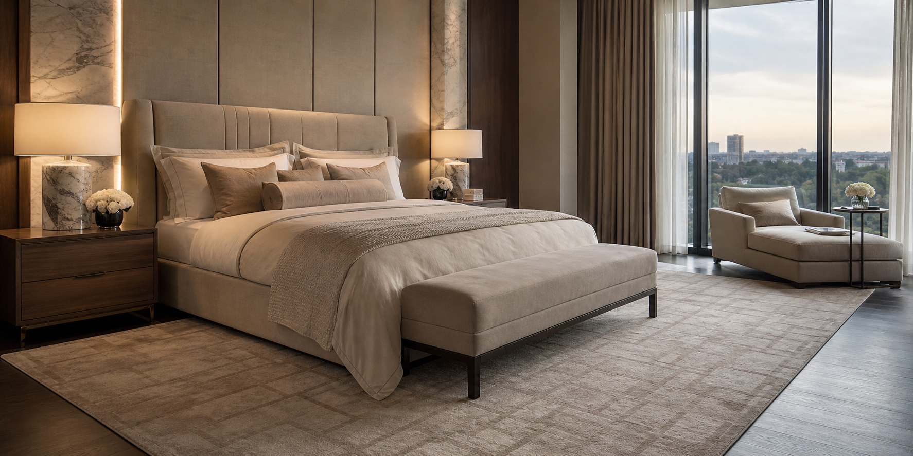Alfombra moderna de alta calidad con diseño geométrico sutil y textura suave en tonos beige.