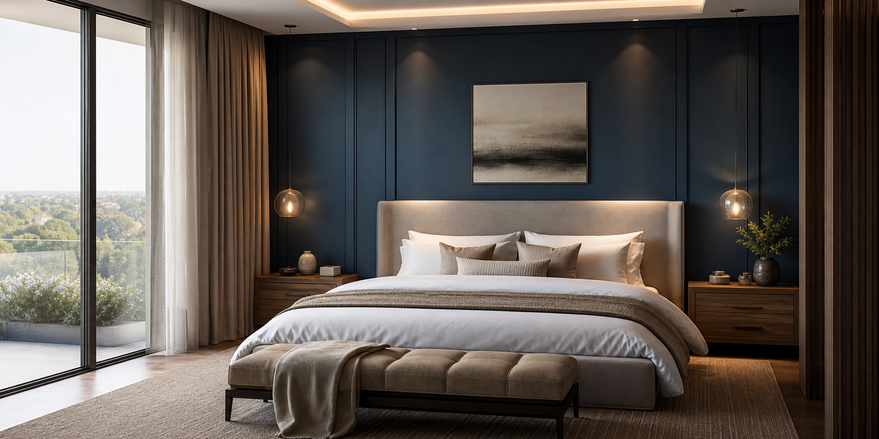 Recámara de lujo en un departamento moderno, con una pared de acento azul petróleo detrás de una cama king size.