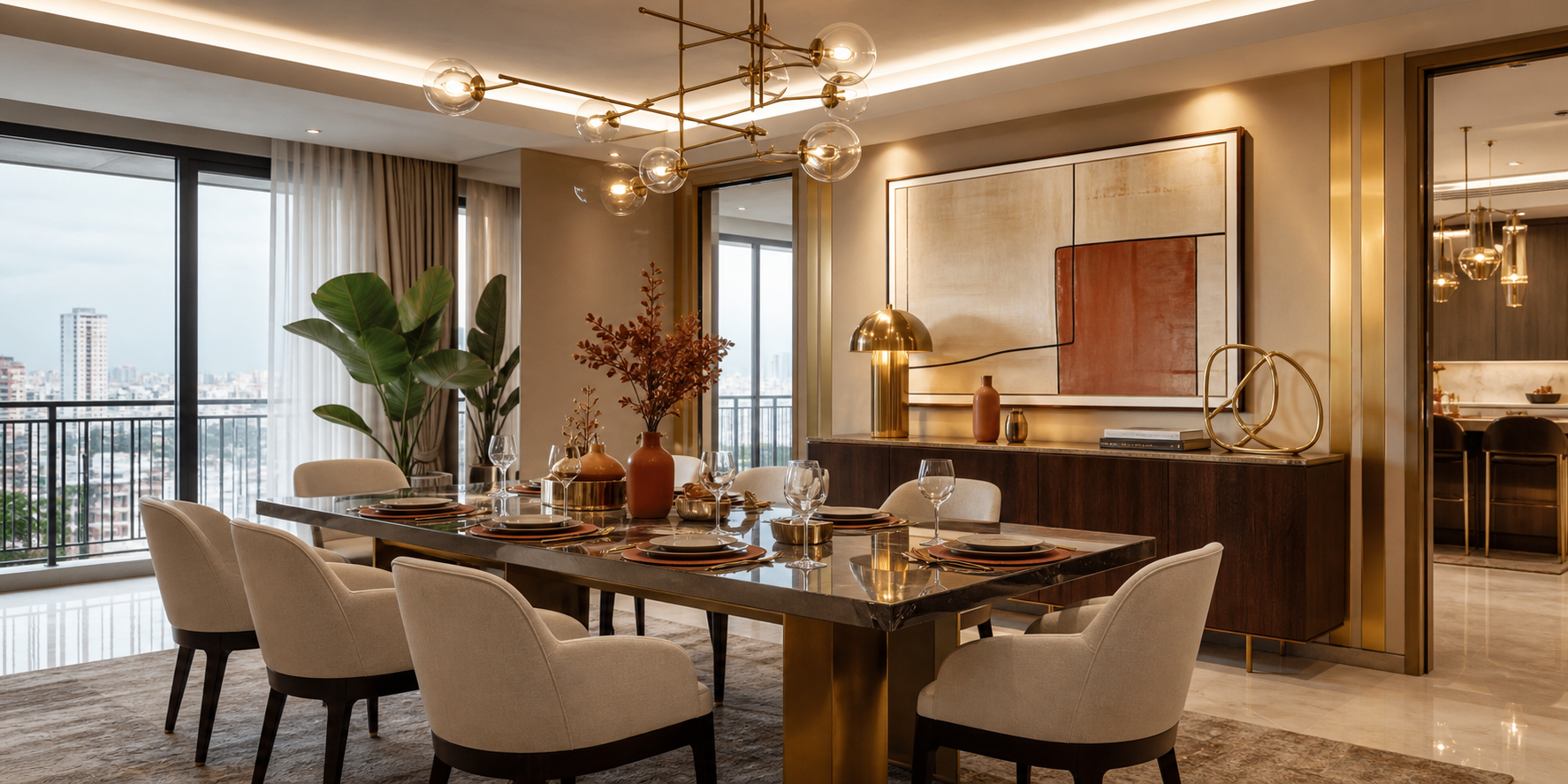 Comedor de un departamento moderno, con paredes y paleta en tonos beige cálido, combinado con muebles y detalles decorativos en dorado y latón.