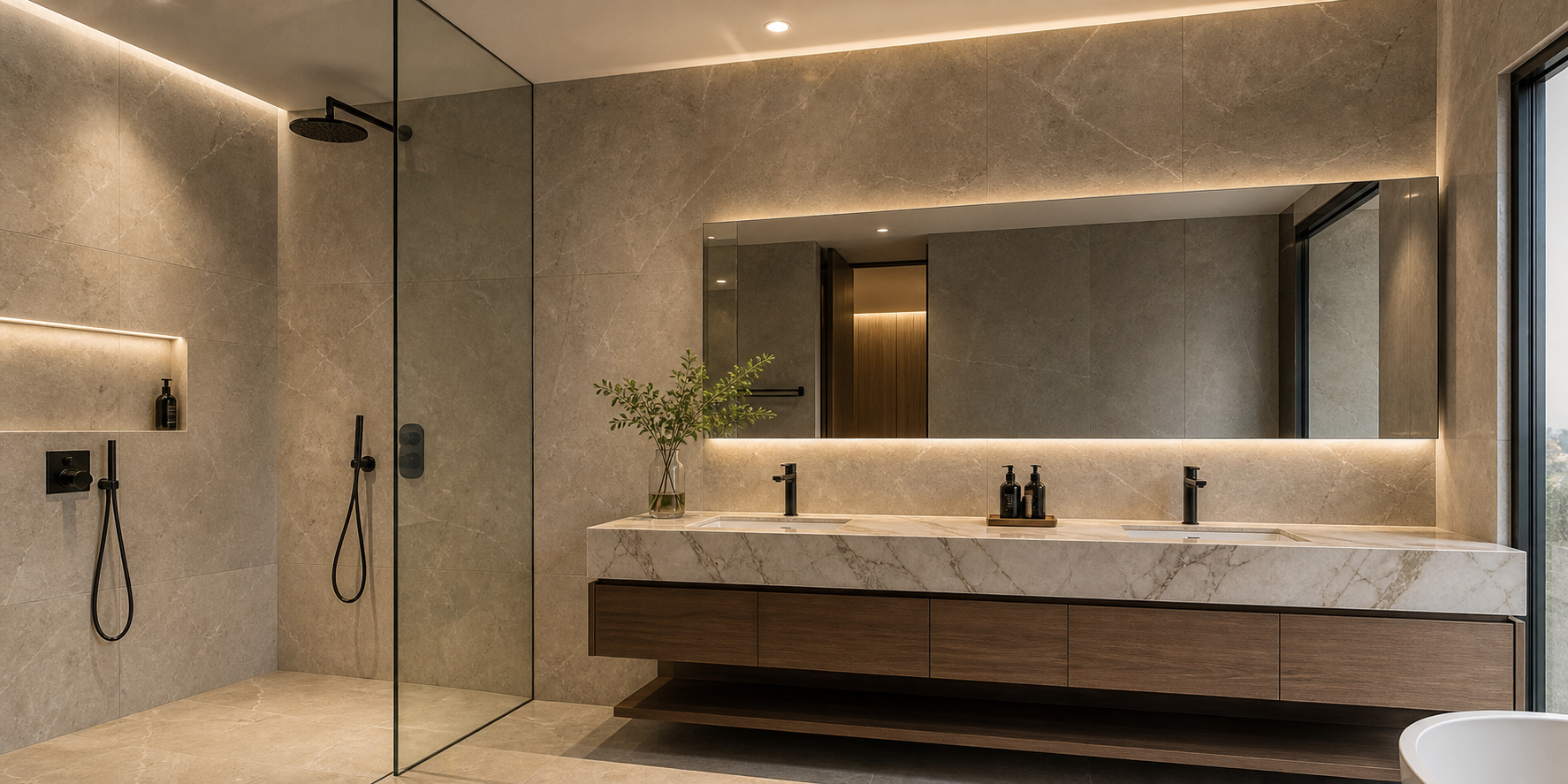 Departamento de lujo, diseñado con porcelanato tipo piedra natural de alta calidad en tonos beige, arena y gris cálido.