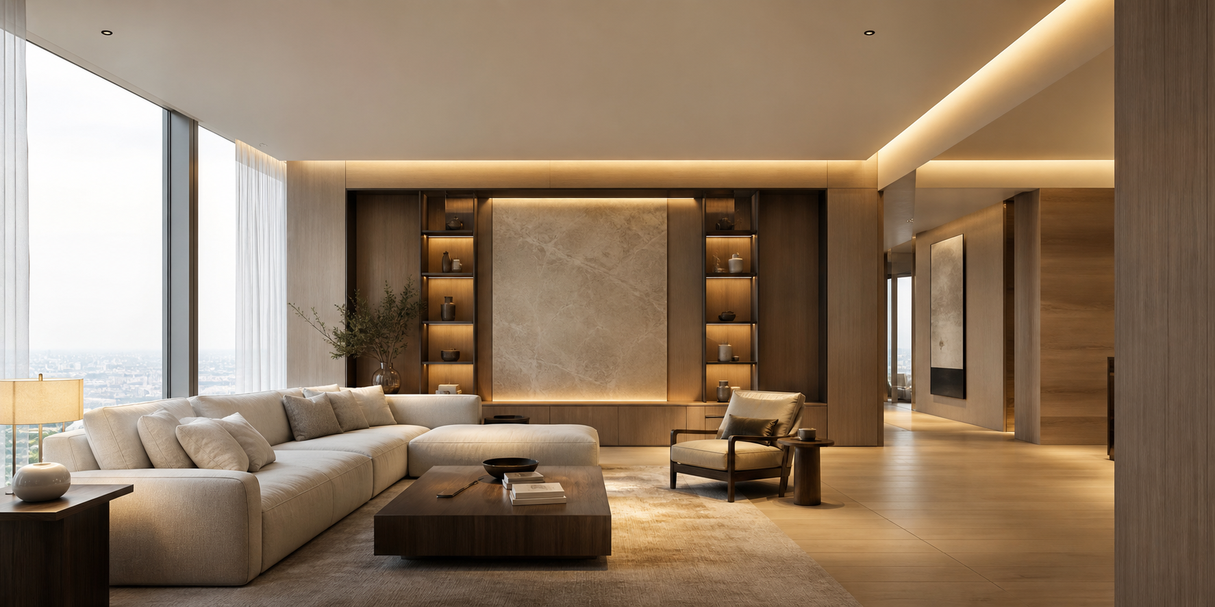 Luxury Contemporary Living Room with Cinematic Lighting