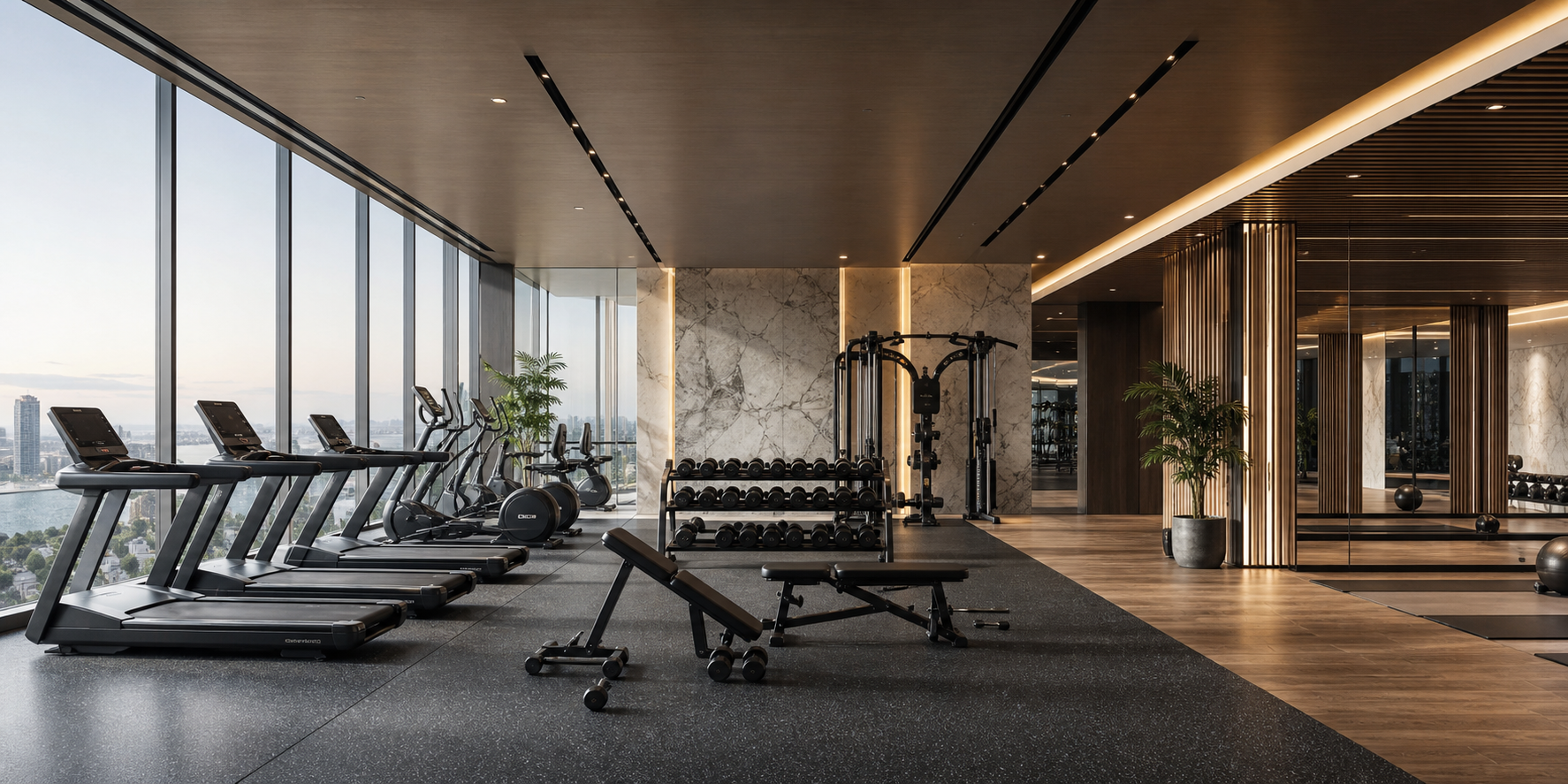 Gimnasio equipado en un desarrollo residencial de lujo, diseño contemporáneo de alta gama, espacio amplio con ventanales de piso a techo y vista panorámica.