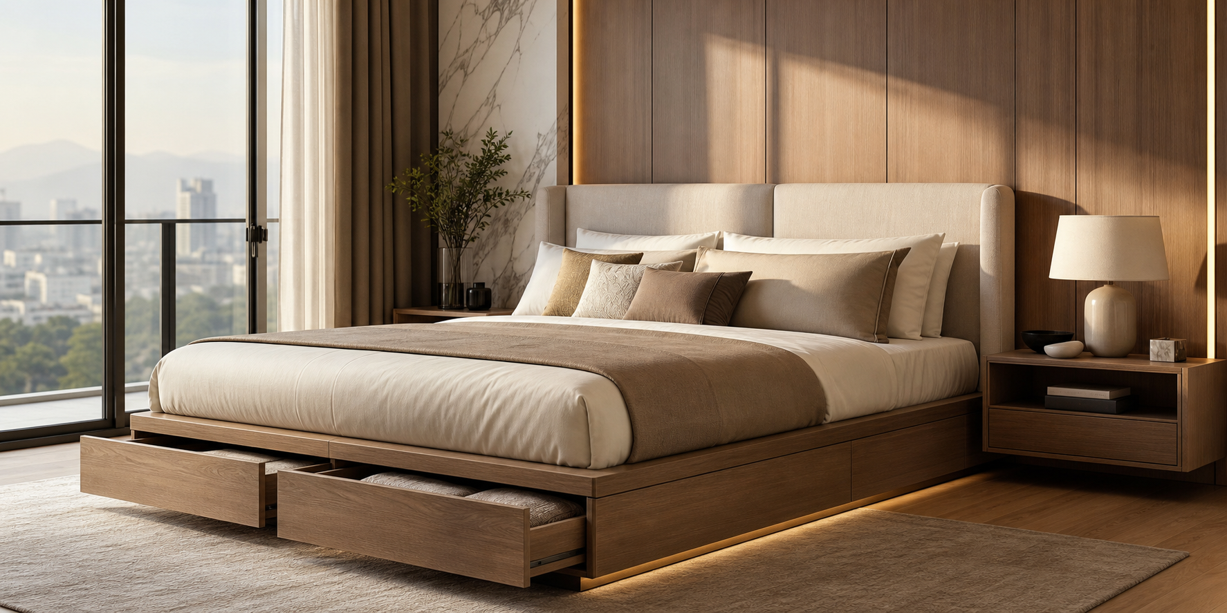 Recámara de un departamento de lujo con cama king size multifuncional con cajones de almacenamiento integrados.