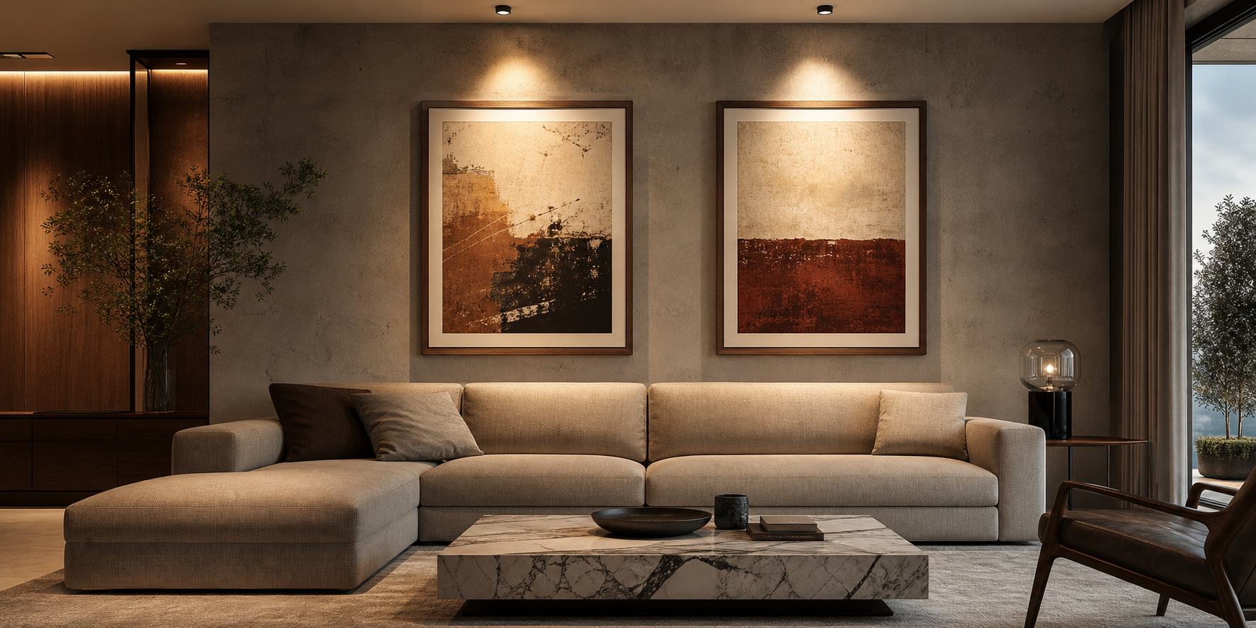Iluminación de acento que destaca exclusivamente dos cuadros artísticos colocados en una pared principal.