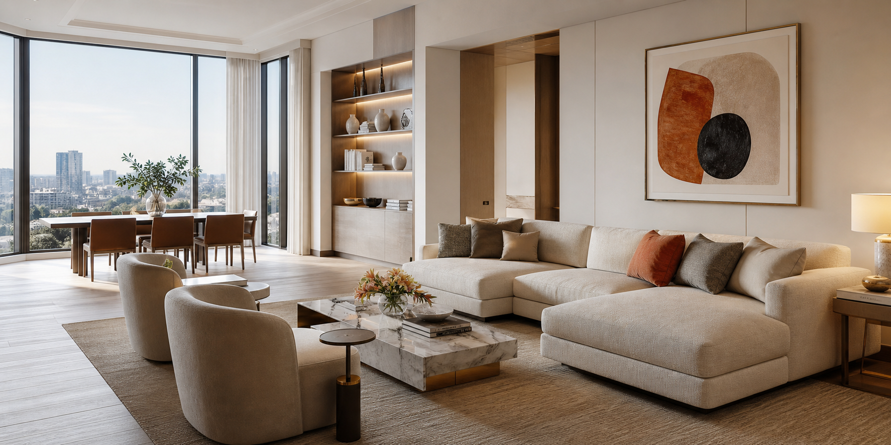 Sala de un departamento de lujo con una paleta sofisticada de blanco cálido, beige, gris claro, arena y greige como base, sofá elegante en tonos neutros, paredes luminosas.