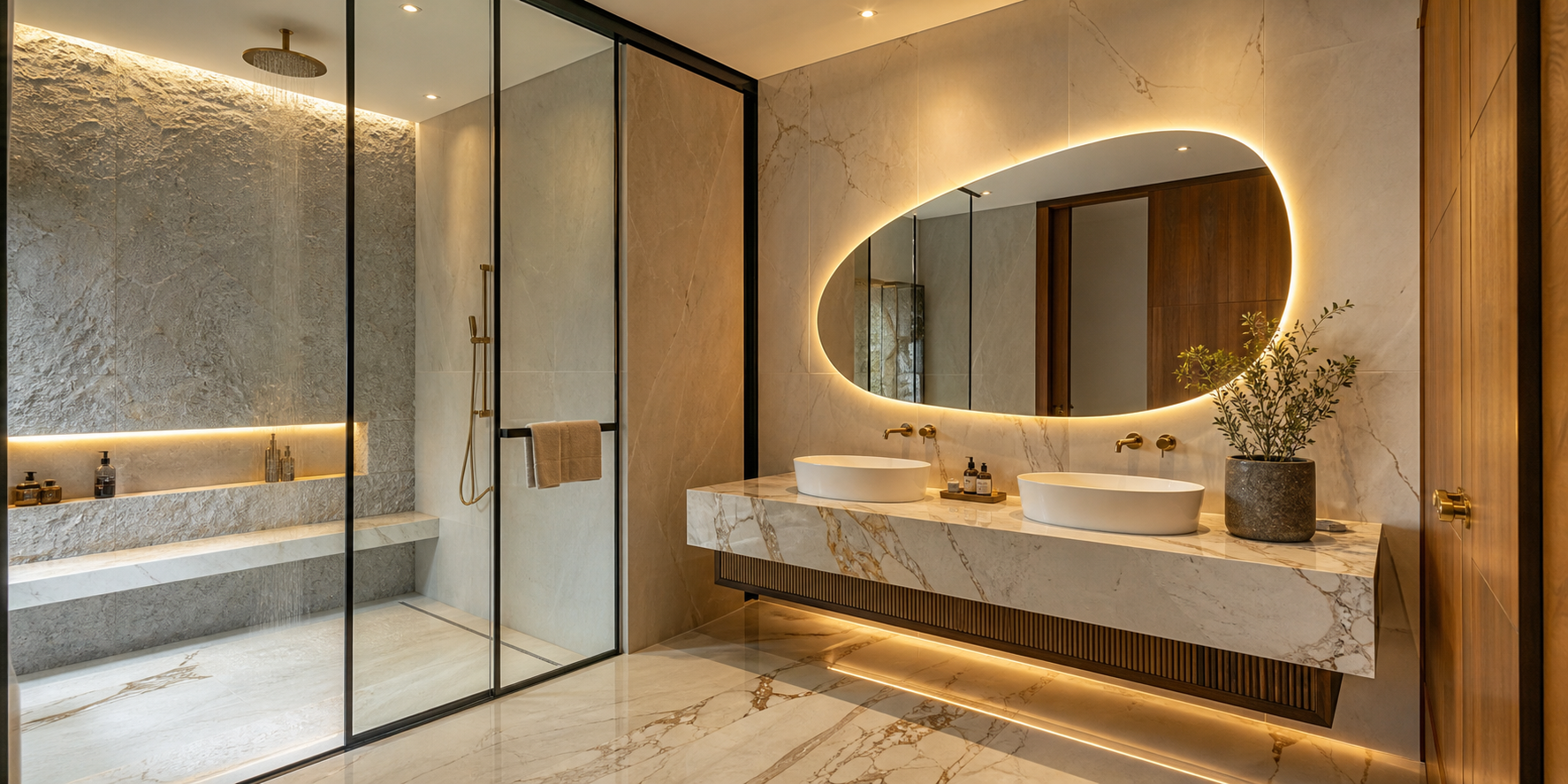 Baño con elegante cancelería de vidrio templado de piso a techo con perfiles minimalistas en negro mate, regadera tipo walk-in con herrajes premium.