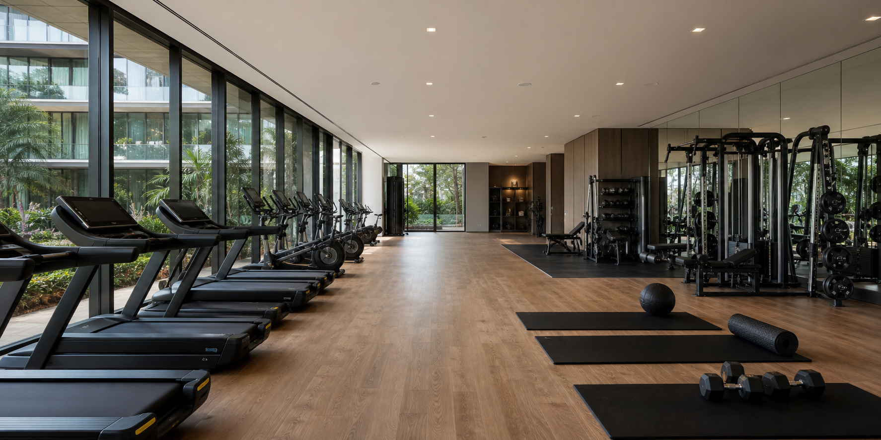 Gimnasio moderno. El espacio cuenta con equipos de última generación, caminadoras, bicicletas estáticas y máquinas de pesas.