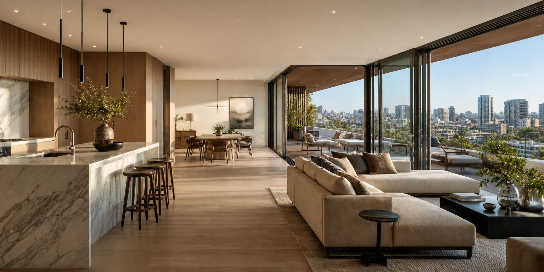 Departamento exclusivo. En una misma perspectiva se distinguen claramente la cocina de alta gama, la sala y el comedor integrados y conectados visualmente.