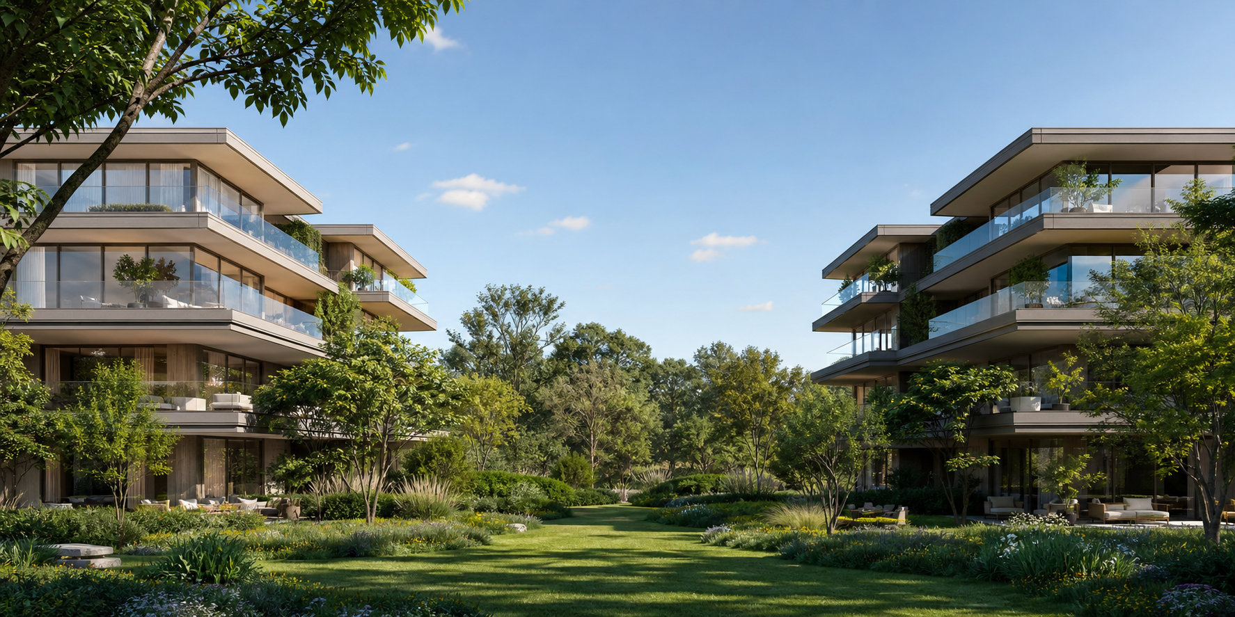 Dos edificios residenciales de lujo modernos y elegantes, ubicados uno frente al otro pero con una amplia separación entre ambos, diseñada para brindar mayor privacidad a los residentes.