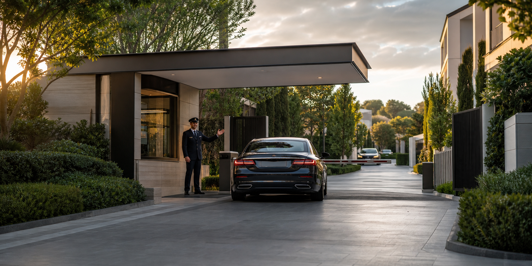 La entrada principal de un desarrollo residencial exclusivo de departamentos de lujo, con acceso controlado y seguridad privada.