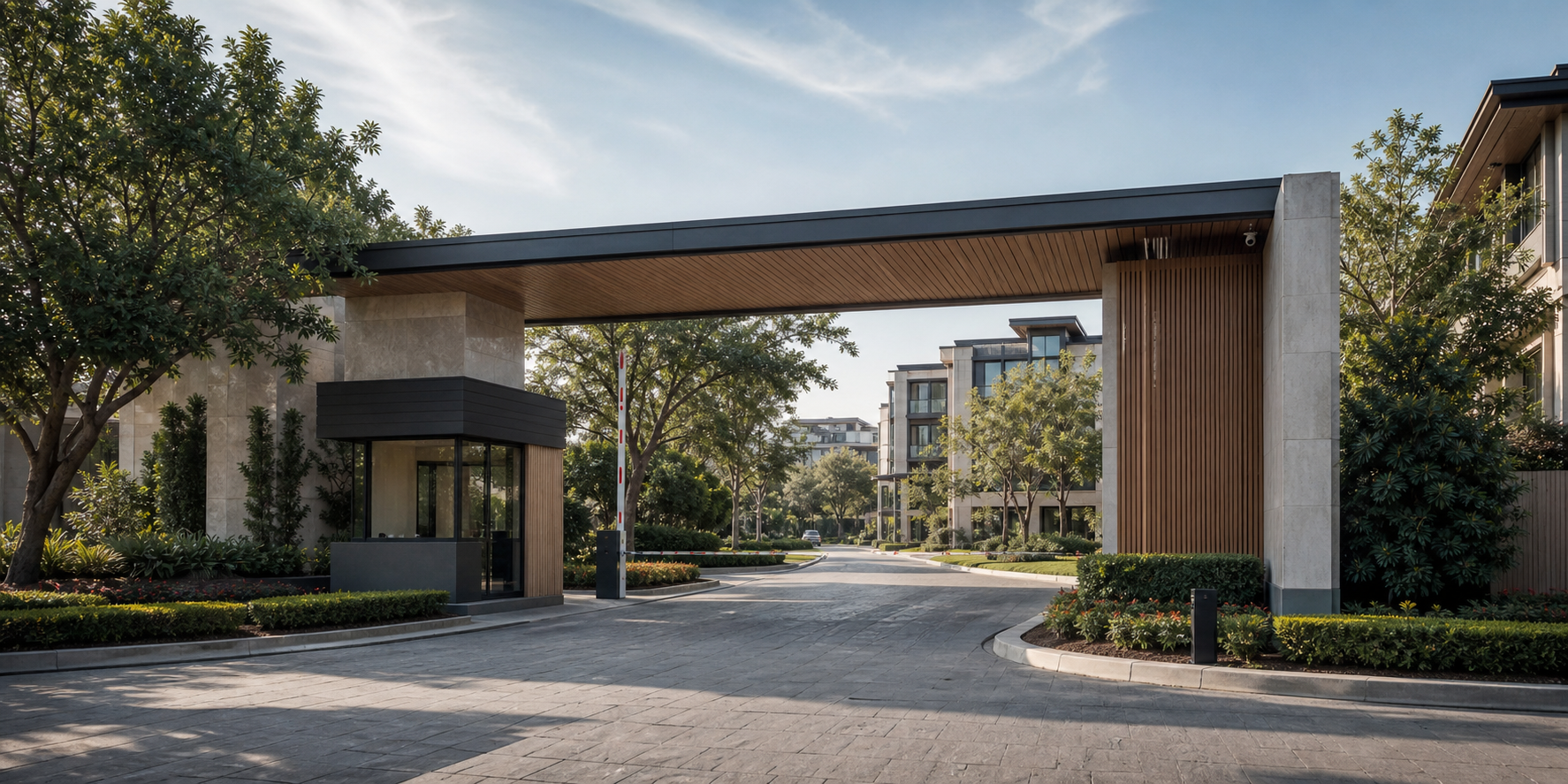 Acceso principal controlado de un desarrollo residencial de lujo, con una entrada moderna, elegante y segura.