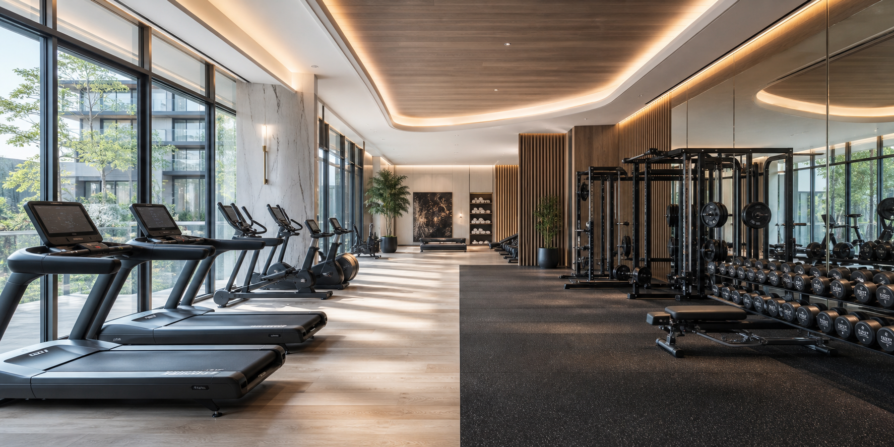 Gimnasio de un desarrollo residencial de departamentos de lujo con equipamiento fitness de última generación, caminadoras, bicicletas y máquinas de fuerza.