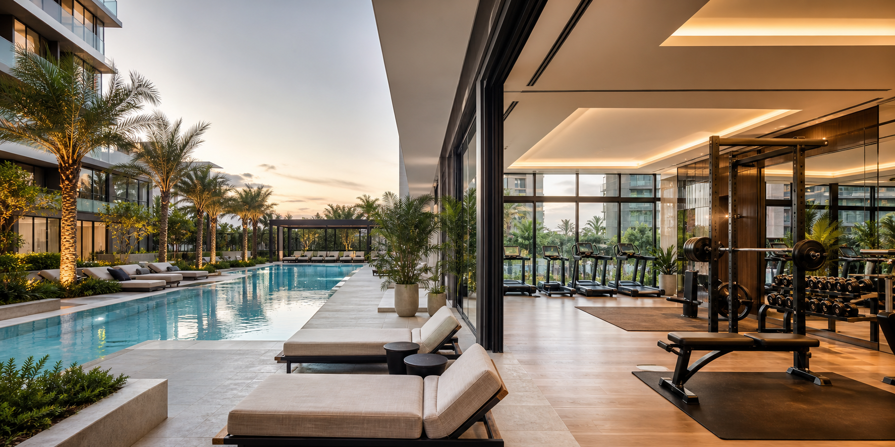 Alberca tipo resort y gimnasio de un desarrollo exclusivo de departamentos de lujo.