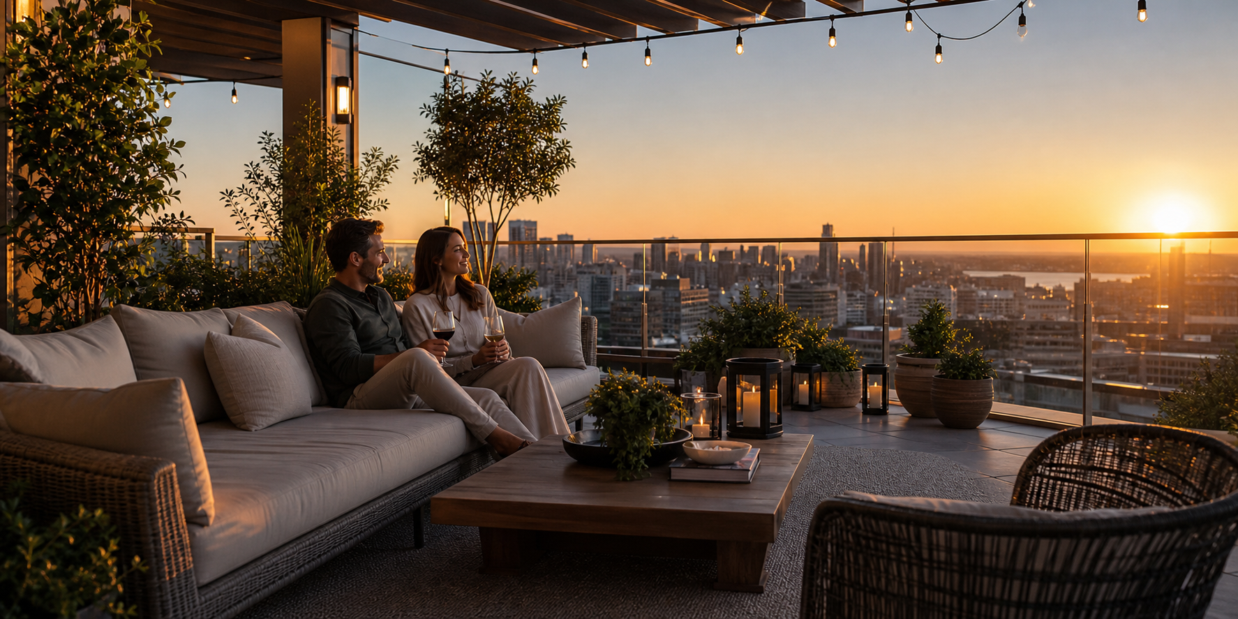 Una pareja disfrutando de la terraza de su departamento exclusivo durante el atardecer. Ambos están relajados en un cómodo sofá de exterior, compartiendo una copa de vino.