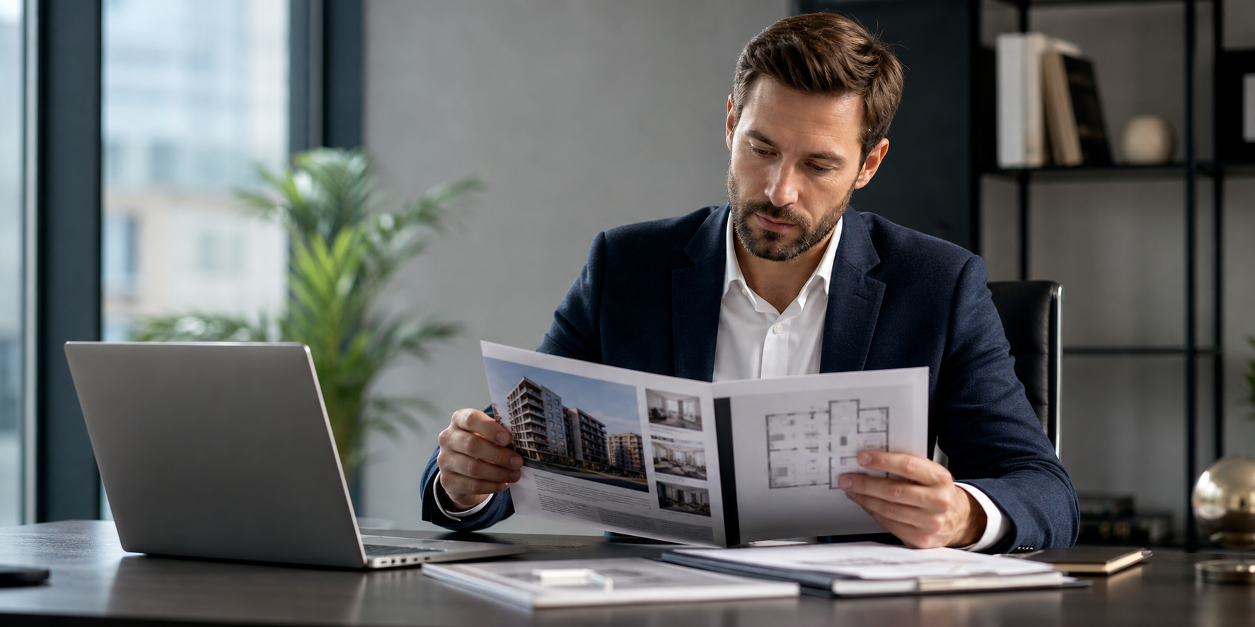 Man Analyzing Real Estate Portfolio on Modern Desk