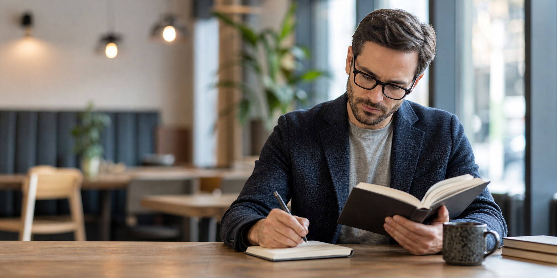 Man Reading Business Book in Modern Office or Elegant Caf