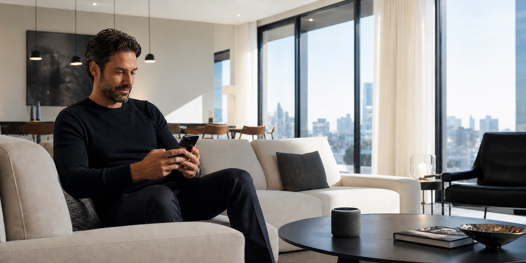 Man Setting Up Voice Assistant in Modern Living Room