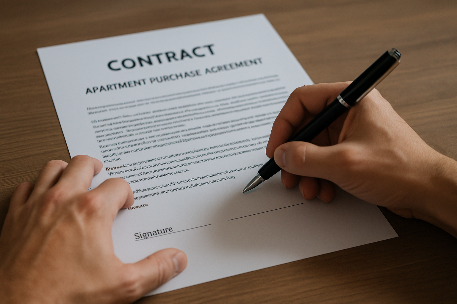 Manos firmando un contrato de compra venta de un departamento los papeles se ven a lo lejos sobre un escritorio
