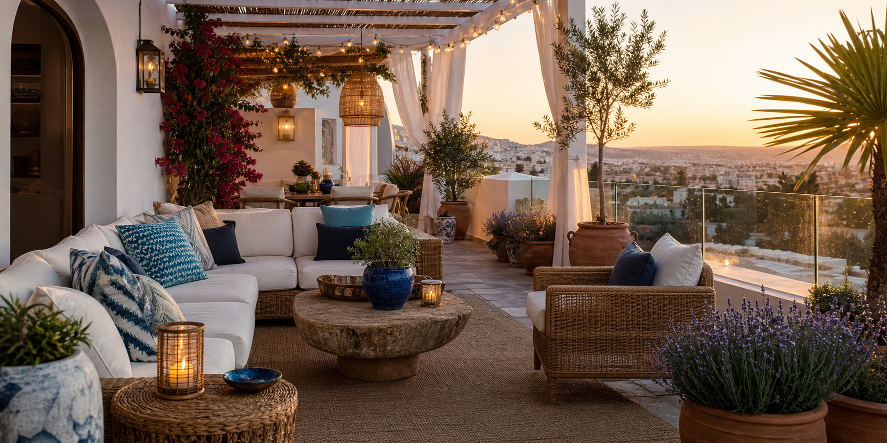 Terraza de un departamento exclusivo con estilo mediterráneo, con muebles de madera natural y fibras tejidas como ratán, una mesa de centro de piedra y una alfombra de yute.