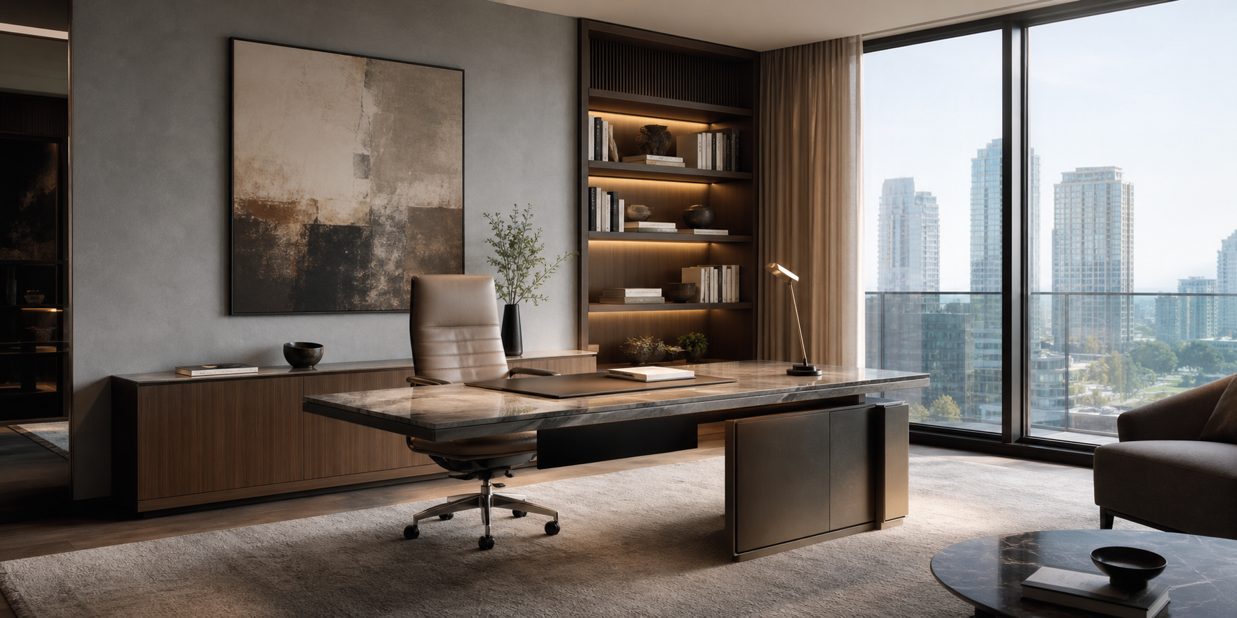Estudio de un departamento moderno, con una pared de acento gris claro, escritorio elegante de madera y mármol.