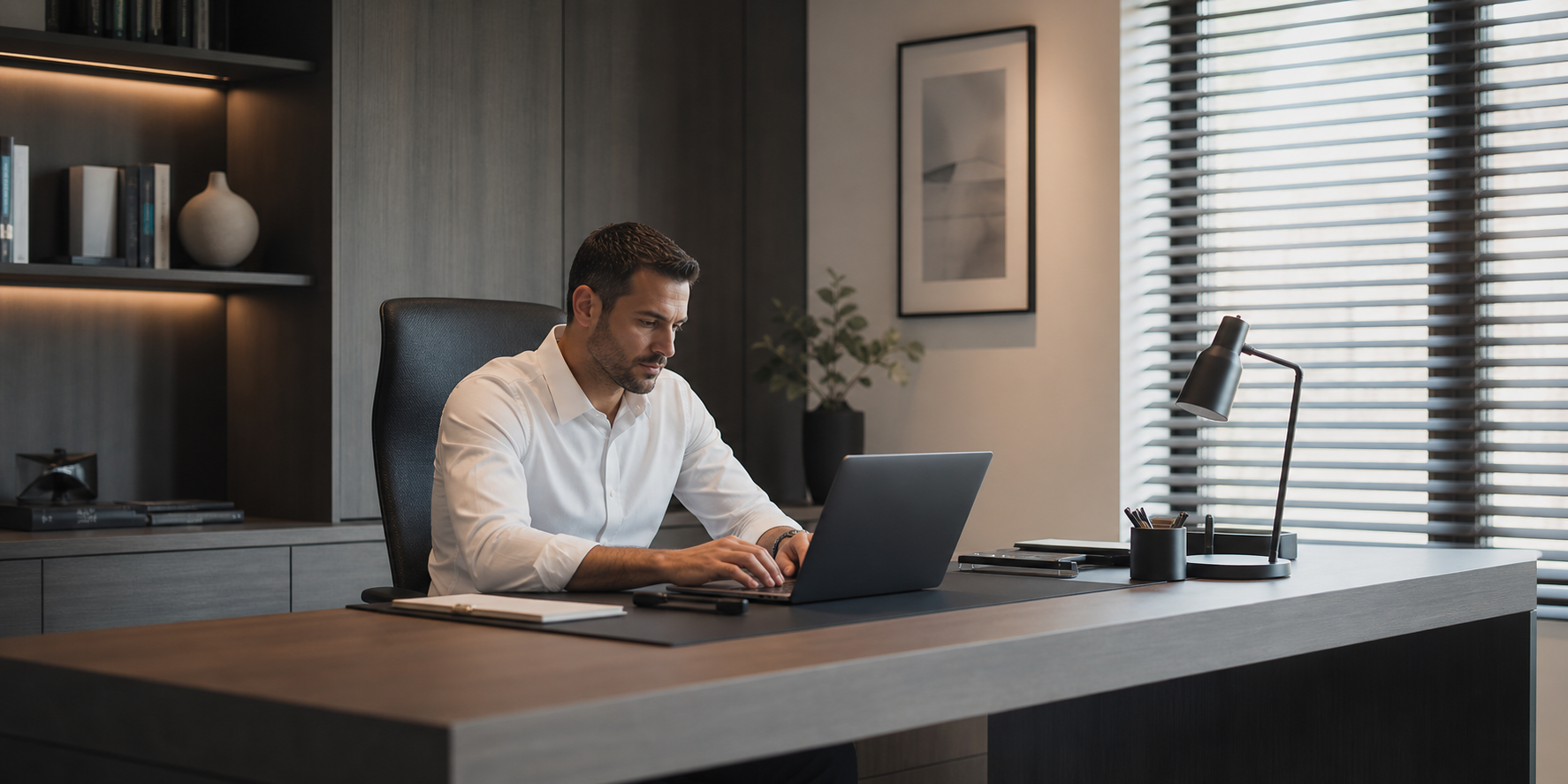 Home office ubicado en una zona tranquila y privada del departamento, sin paso de personas frente al escritorio, transmitiendo concentración y ausencia de interrupciones.