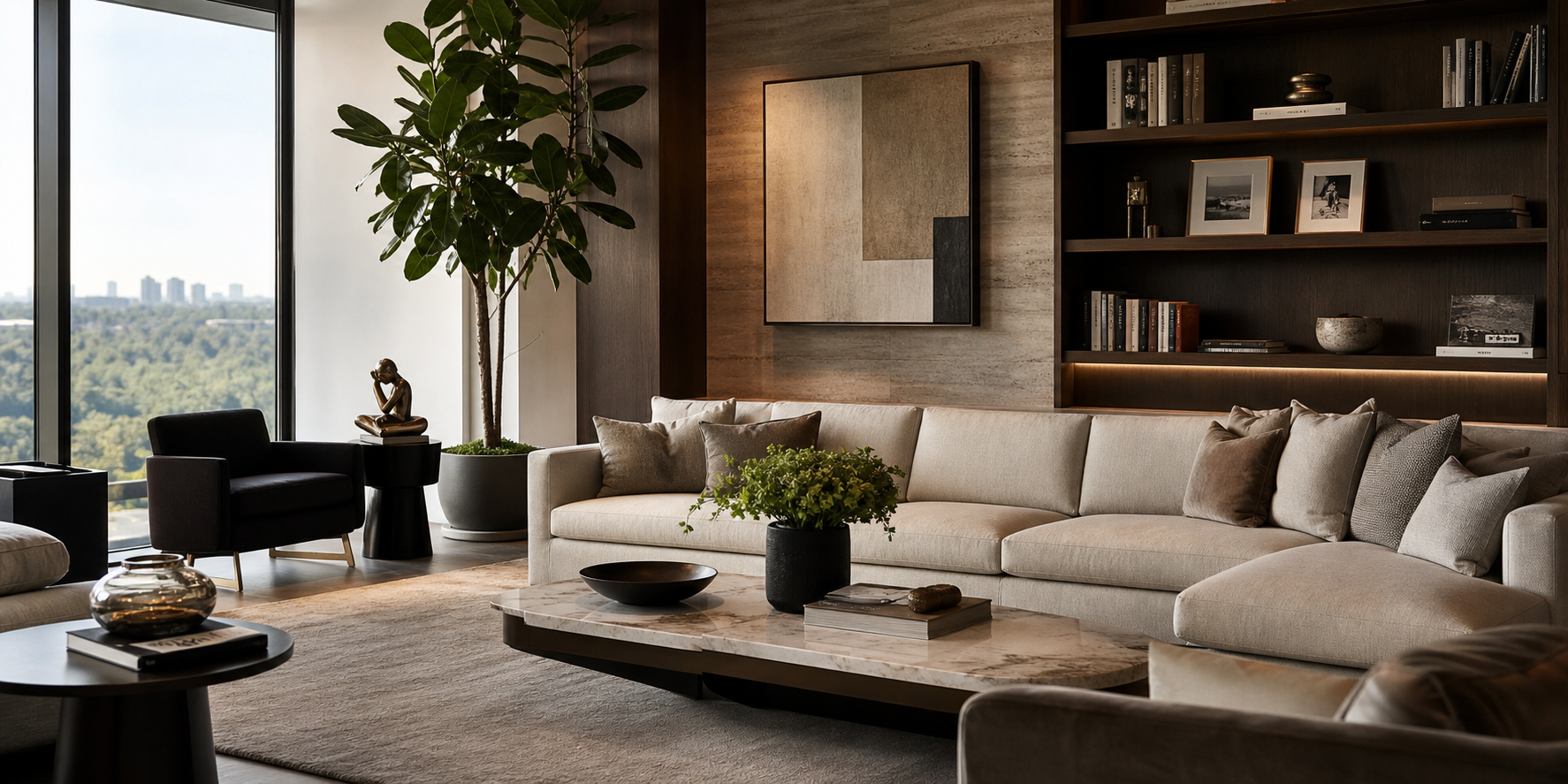 Departamento de&nbsp;lujo con una planta&nbsp;grande de interior&nbsp;junto al sofá, una pequeña escultura decorativa sobre&nbsp;una mesa auxiliar&nbsp;y un elegante&nbsp;librero.
