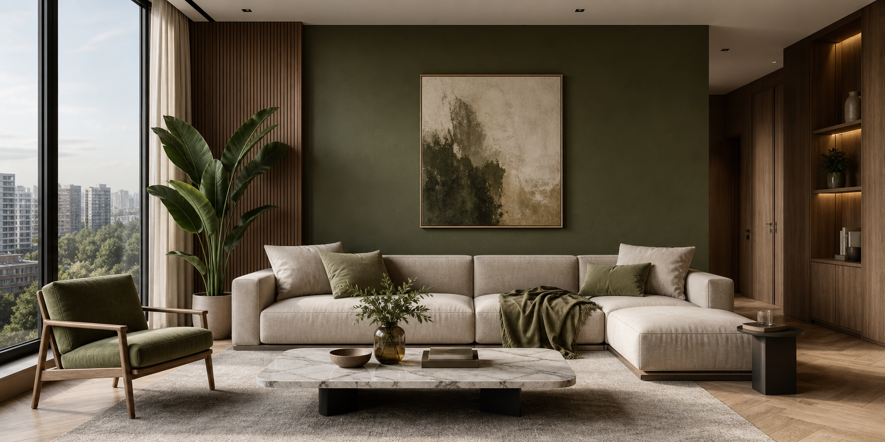 Sala de un departamento moderno, con una pared de acento en verde olivo como protagonista, sofá elegante en tonos beige, mobiliario contemporáneo.