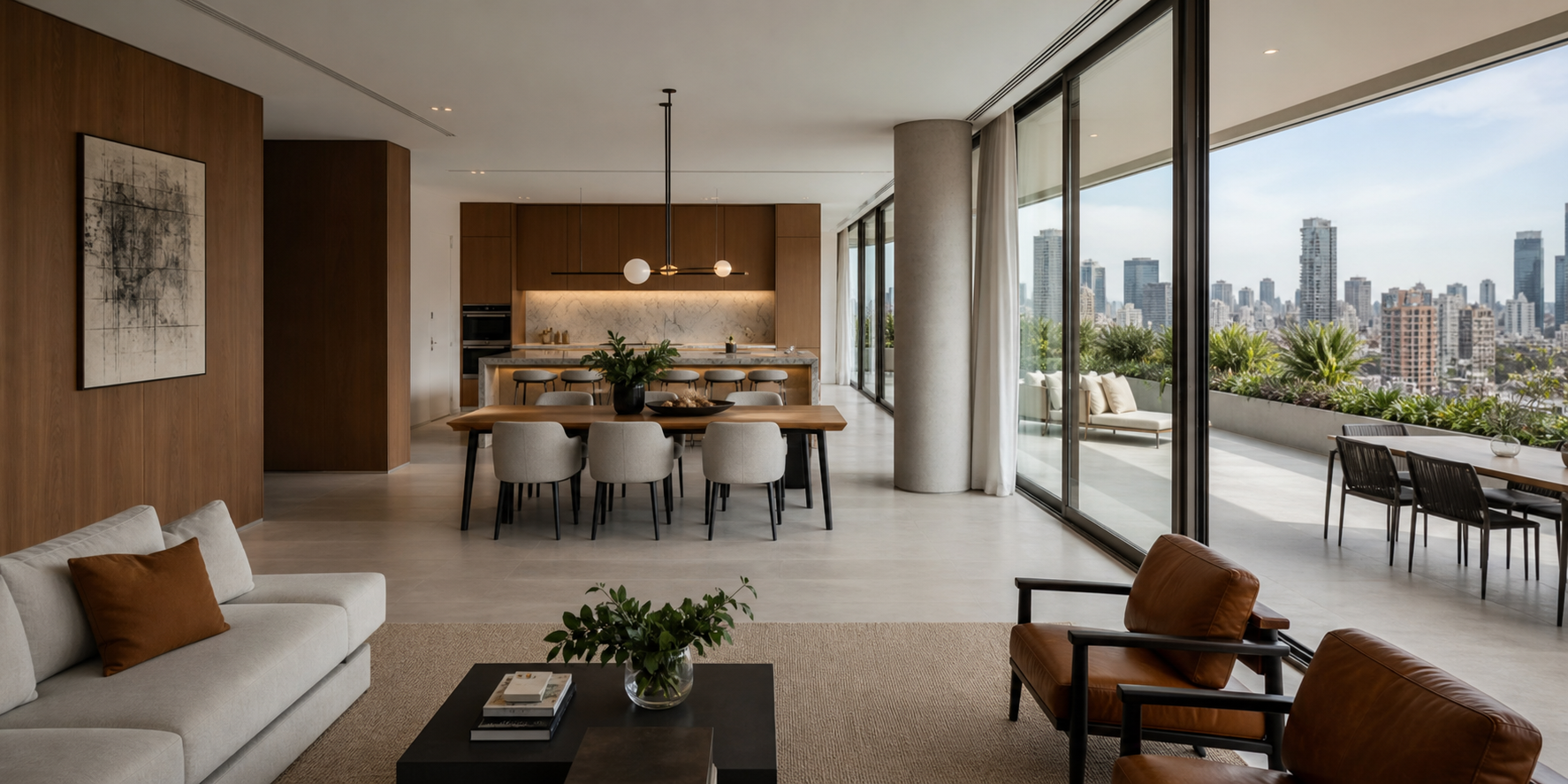 Un penthouse moderno y de lujo con áreas sociales amplias y bien conectadas. La sala, el comedor y la cocina de concepto abierto se integran armoniosamente.