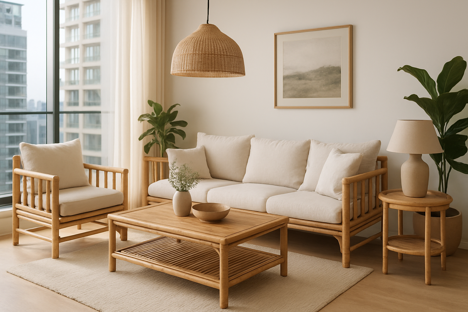 Muebles de madera natural o bamb de una sala de un departamento de lujo con cojines de lino para decorar
