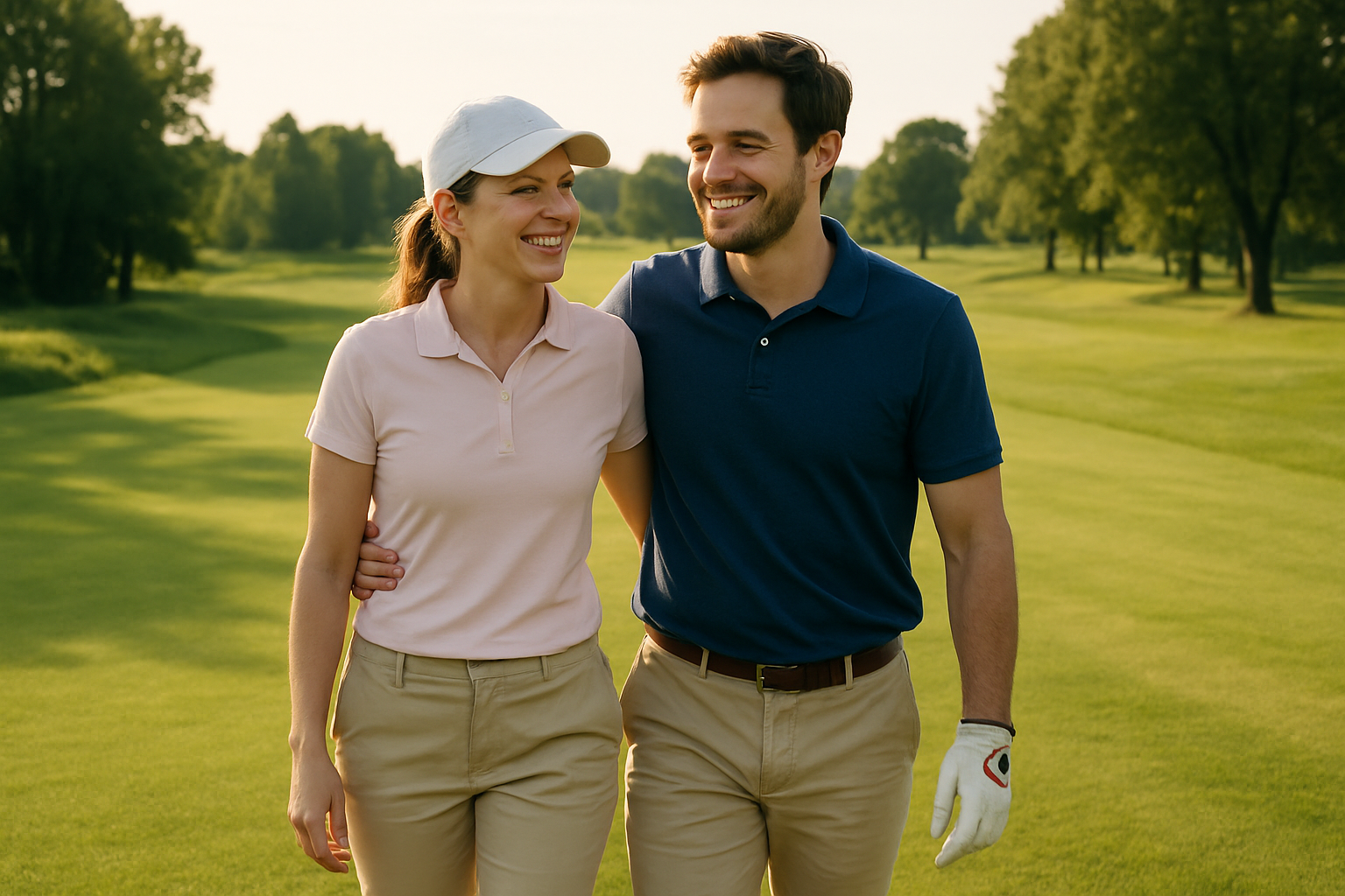 Pareja caminando relajandamente en el campo de golf