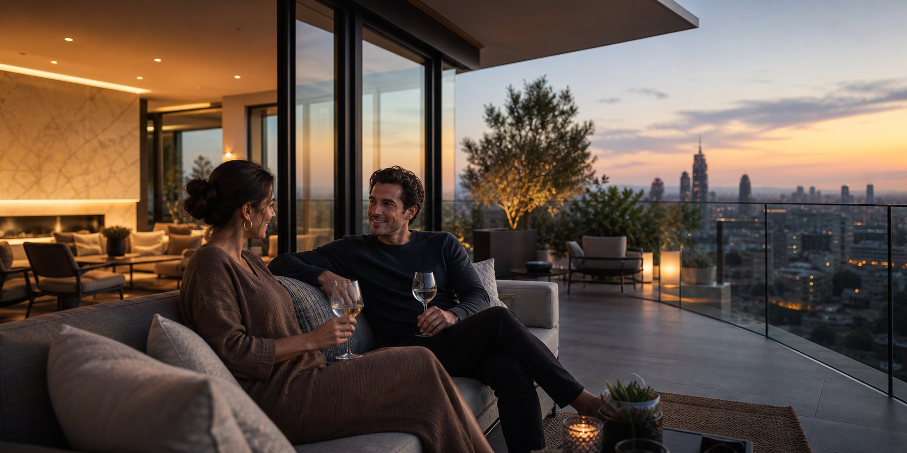 Pareja disfrutando de la terraza privada de un departamento exclusivo tipo penthouse, contemplando una vista panorámica de la ciudad.