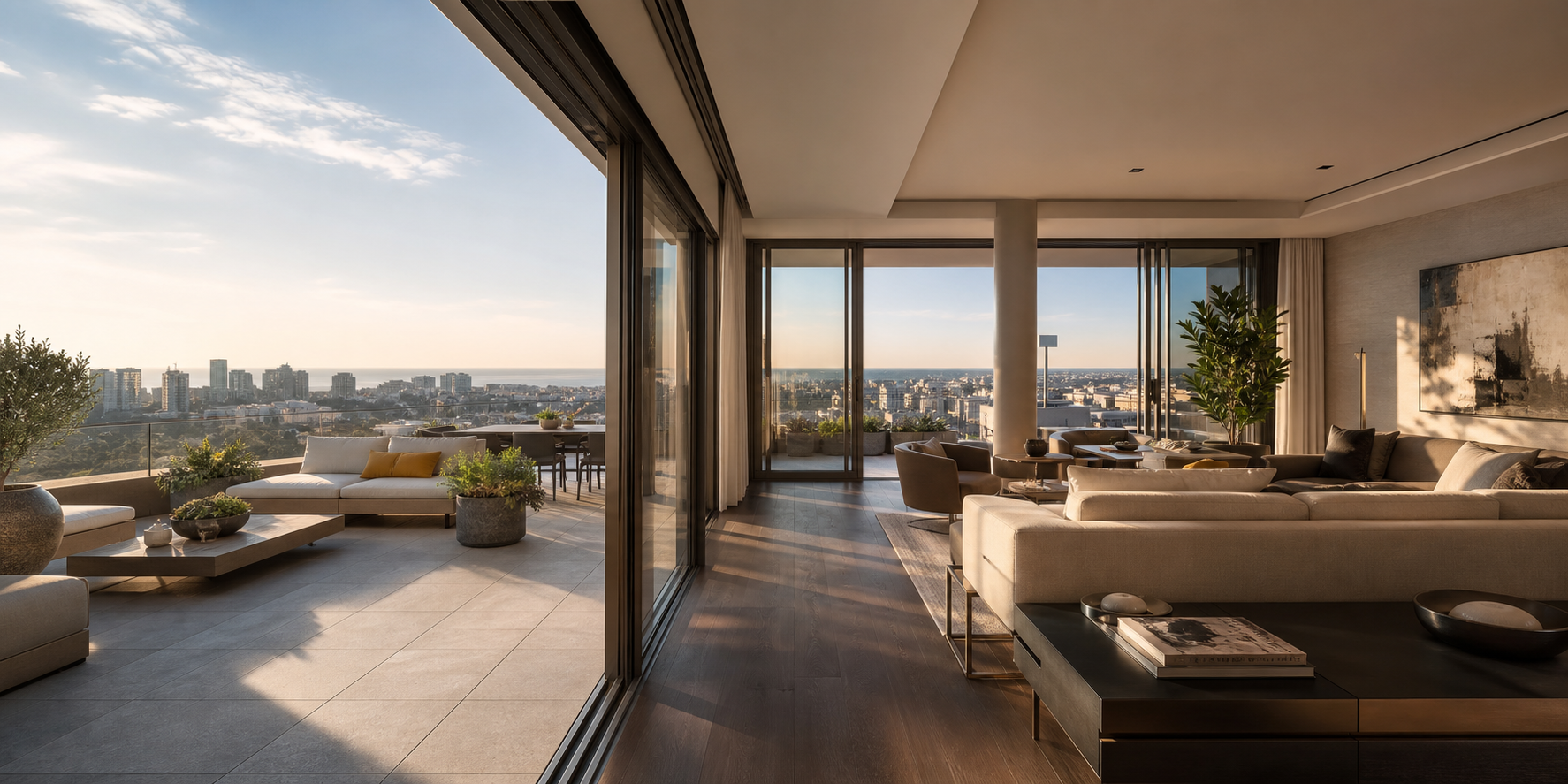 Departamento exclusivo tipo penthouse, con amplia terraza privada y grandes ventanales de piso a techo que permiten disfrutar de abundante luz natural y vistas panorámicas. 