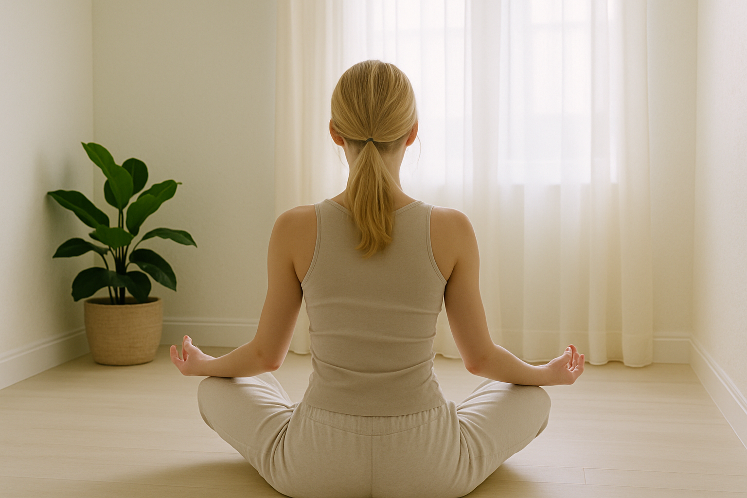 Persona caucsica de cabello claro que est de espaldas meditando en pose de flor de loto en un cuarto de colores claros que transmite paz-1