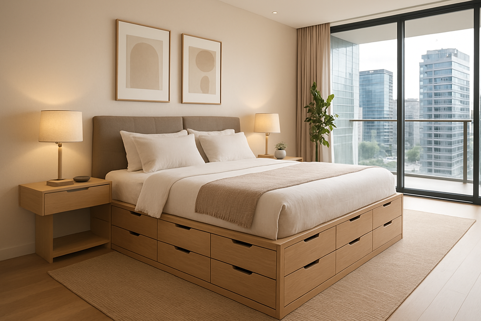 Recmara de un departamento exclusivo con camas con mltiples cajones laterales para guardar cosas-1