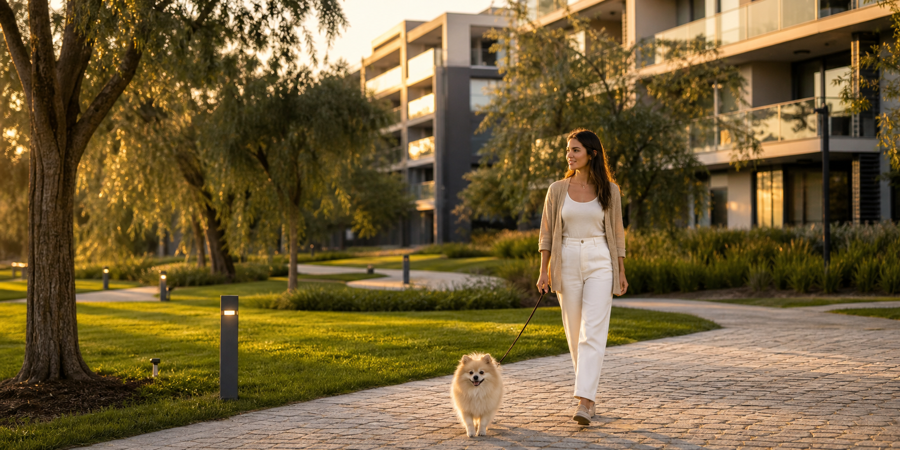 Áreas verdes de un desarrollo residencial exclusivo de departamentos, amplios jardines perfectamente cuidados con césped natural y una mujer paseando con su perro.