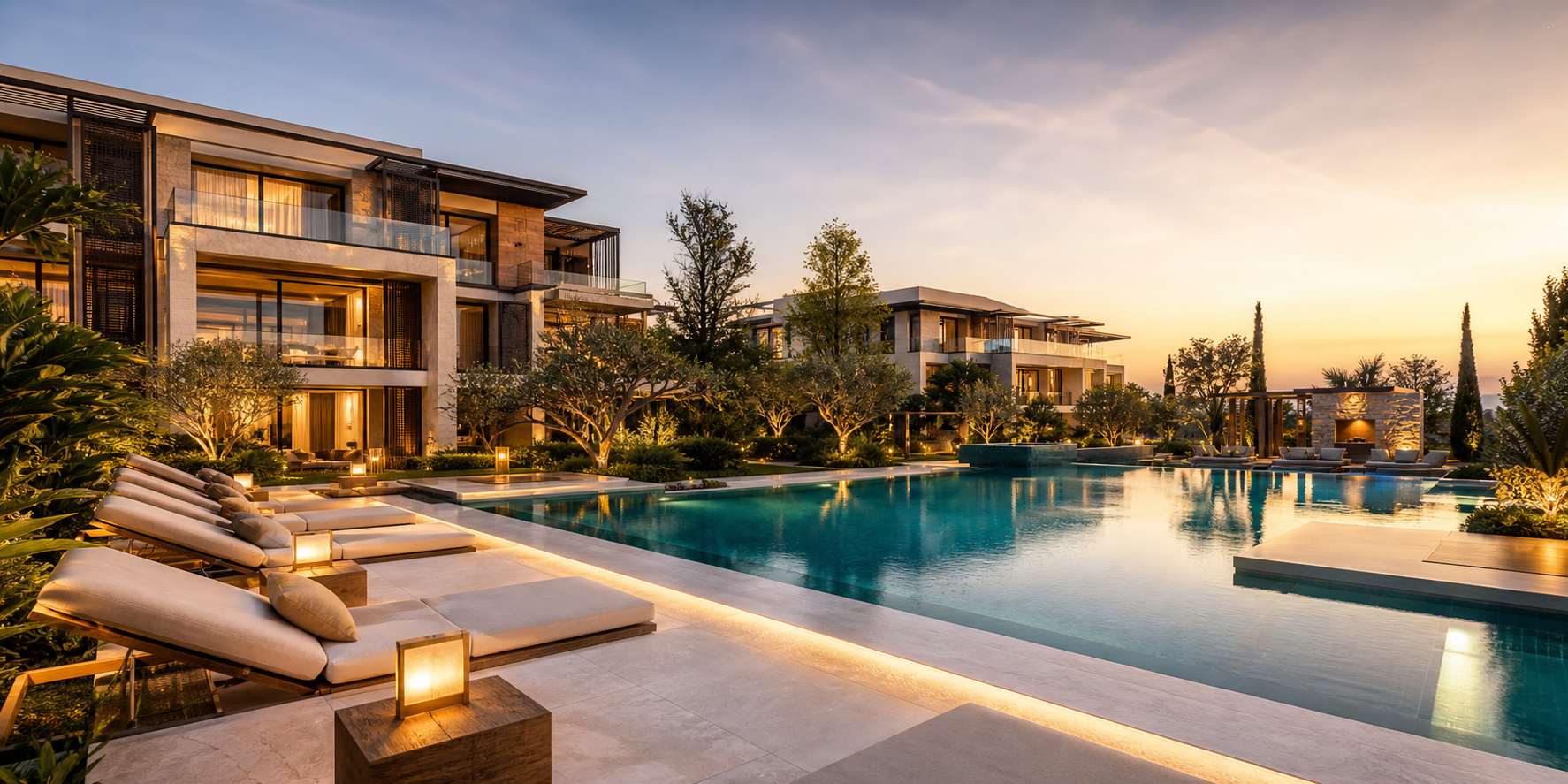 Alberca espectacular de un desarrollo residencial exclusivo y de lujo, rodeada de arquitectura contemporánea, jardines cuidadosamente diseñados y áreas lounge elegantes.