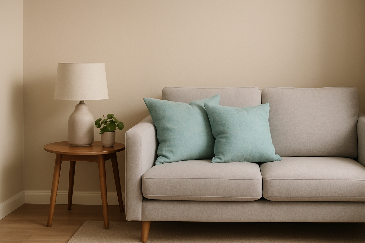 Rincon de la habitacin con paredes beige y un silln de color gris suave con cojines de color azul pastel con toques de verde-1