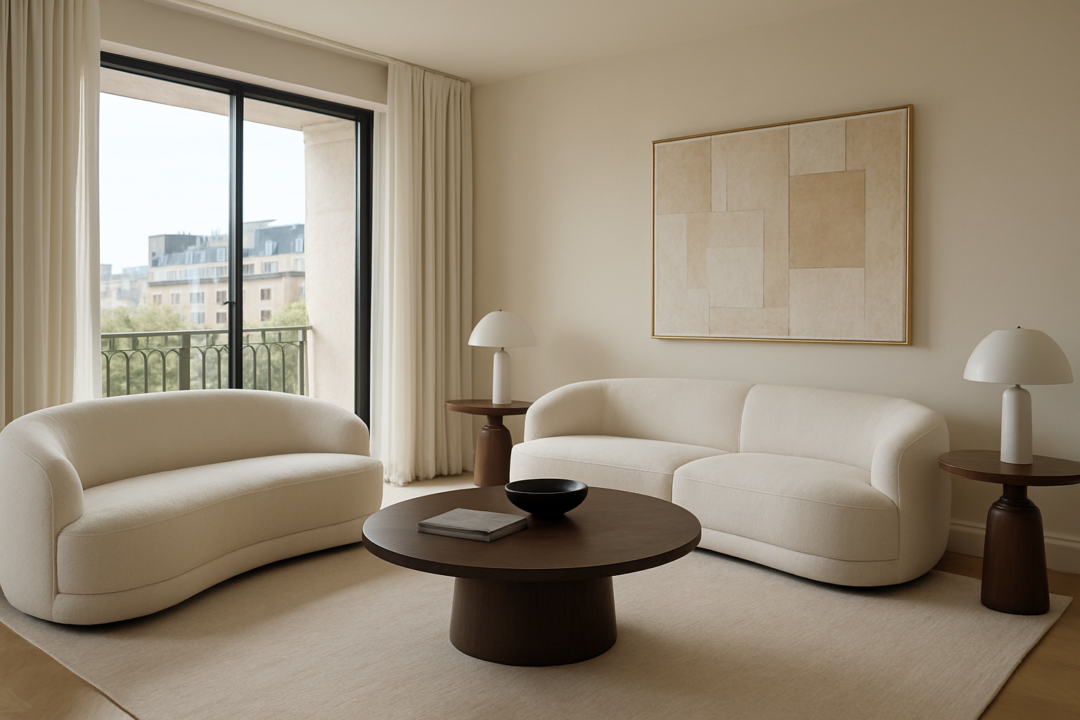 Sala de un departamento exclusivo con Sofs curvos y Mesas laterales redondeadas-1