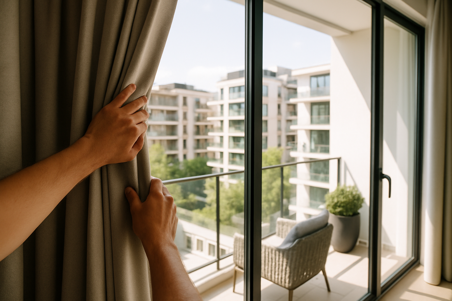 Se puede ver unas manos que abren las cortinas y ventanas para aprovechar la iluminacin durante el da en un departamento de lujo-1