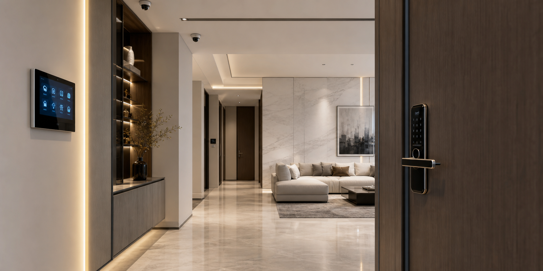 Secure Modern Apartment with Discreet Security Cameras and Smart Lock System