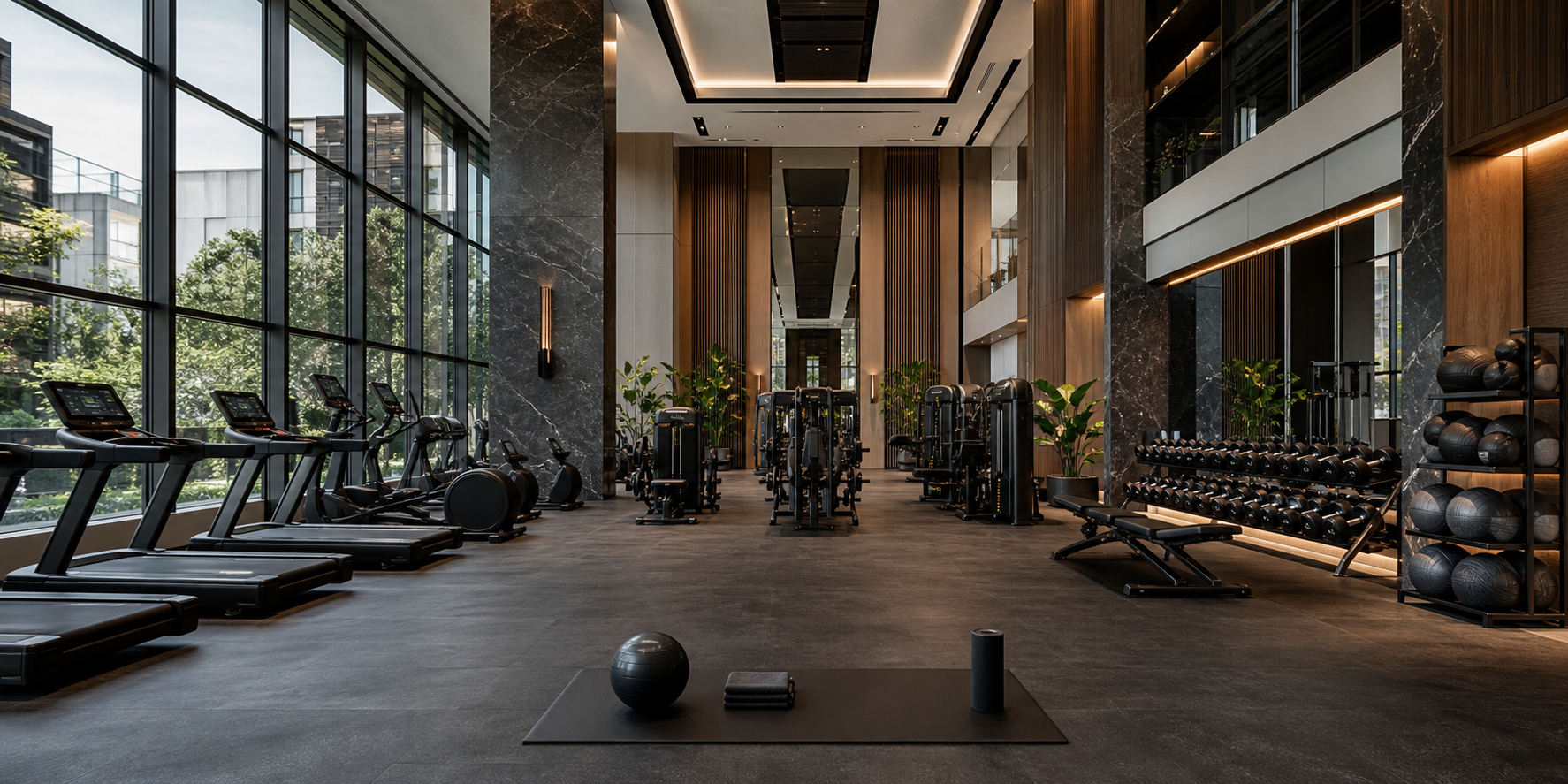 Gimnasio de lujo dentro de un desarrollo residencial exclusivo de departamentos, con equipamiento fitness profesional de última generación.