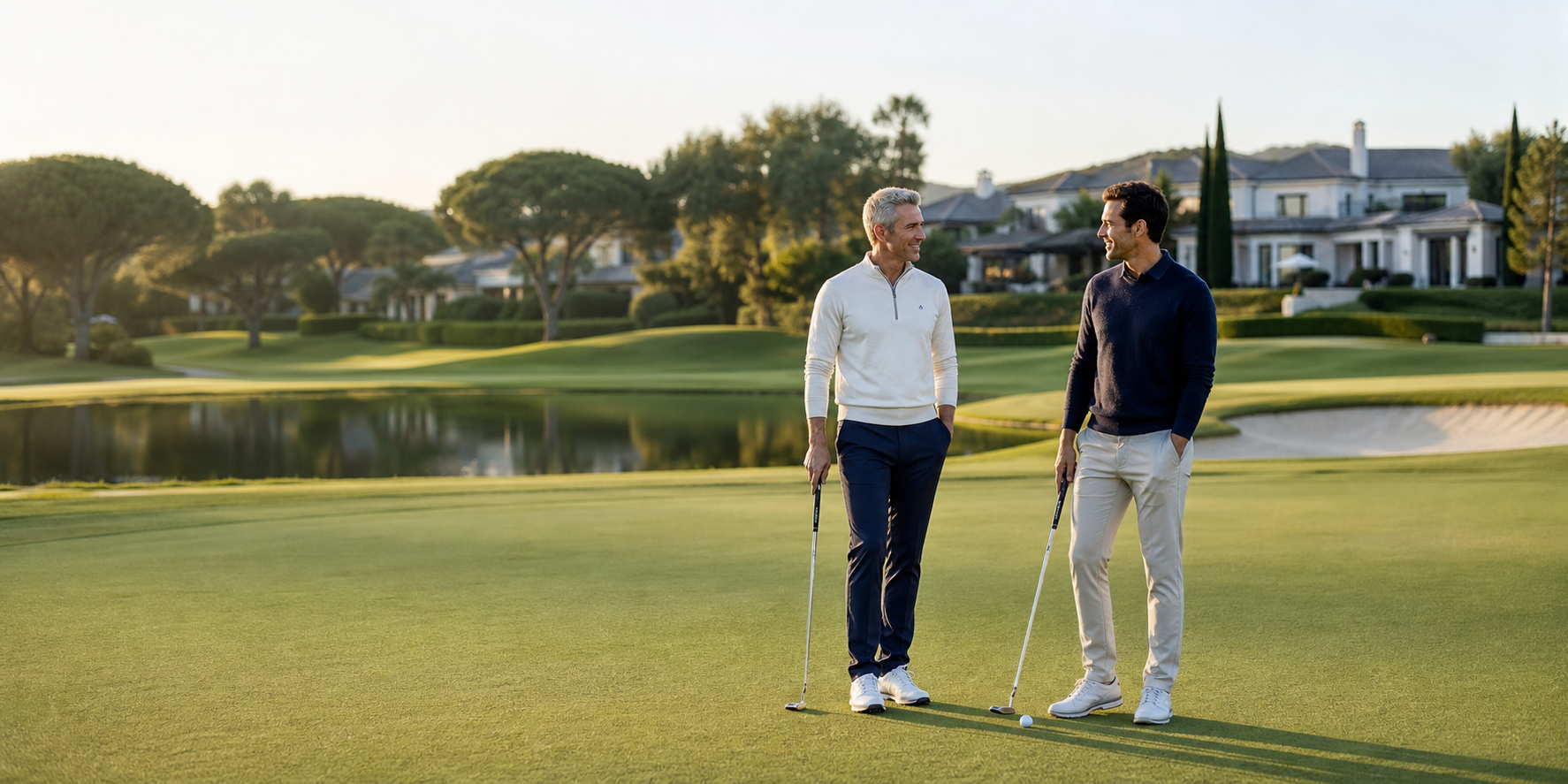 Dos hombres jugando golf en un campo exclusivo y elegante. Ambos están en el green de un campo de golf de lujo, conversando mientras practican su tiro.