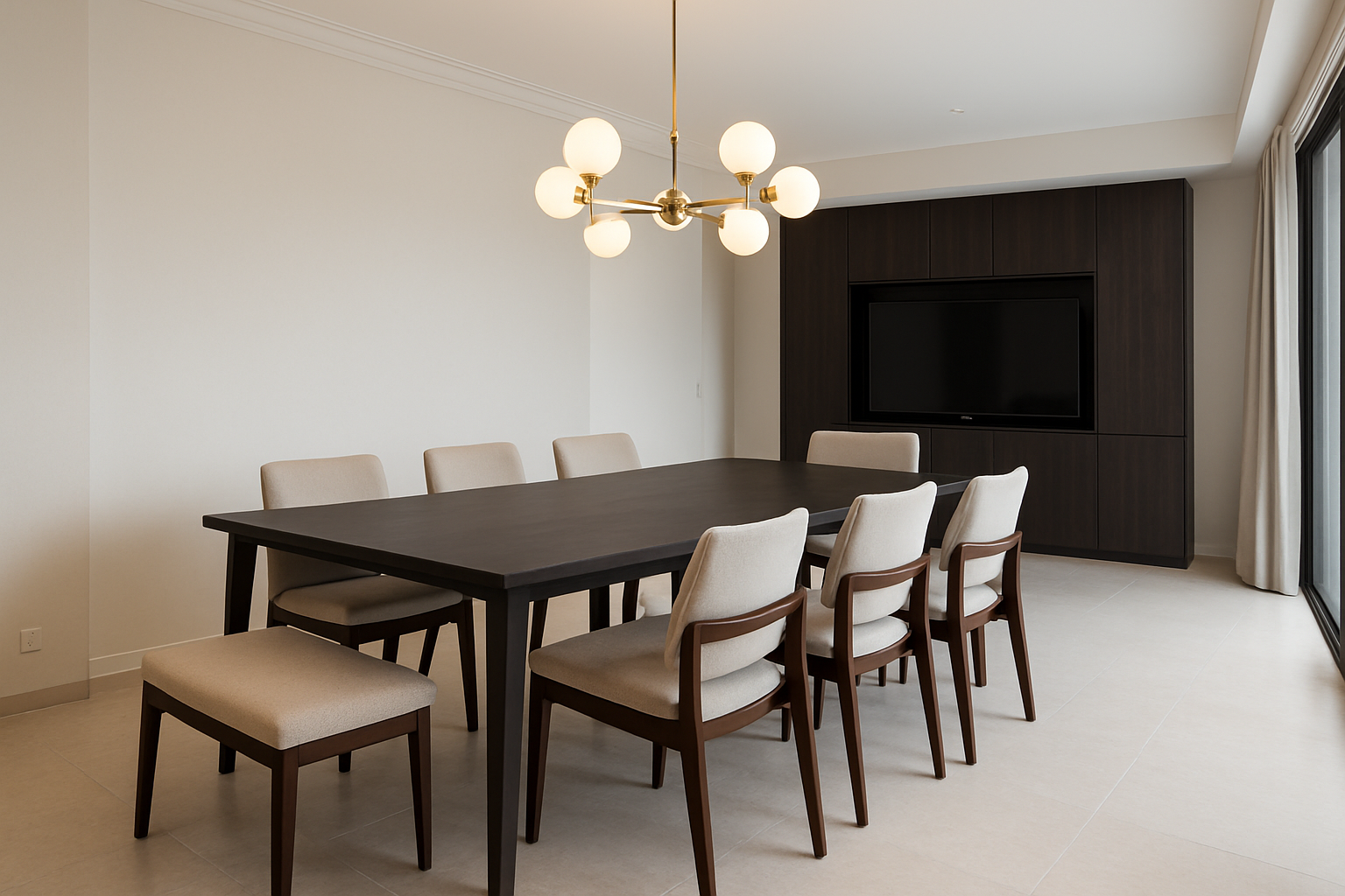 Un comedor de un departamento exclusivo con una la mesa de comedor en tono oscuro sillas y un taburete en madera profunda con tela clara para balancea-1