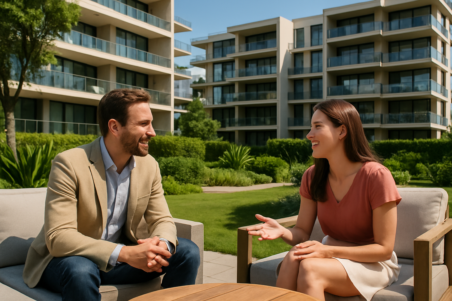 Un hombre y una mujer platicando en una terraza con reas verdes al fondo de pueden ver unos departamentos de lujo