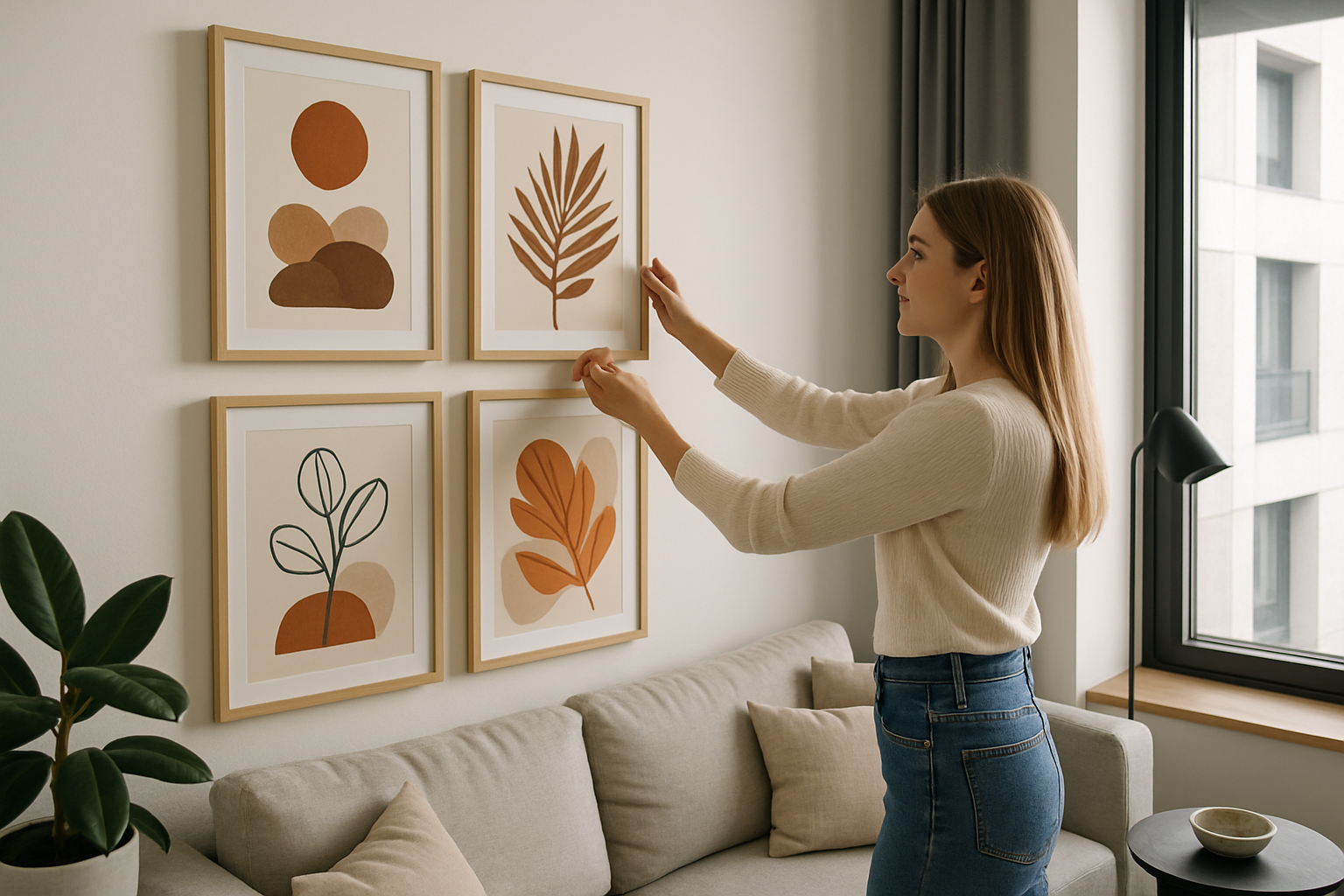 Una mujer caucsica decorando su departamento exclusivo y colocando unos cuadros en la pared